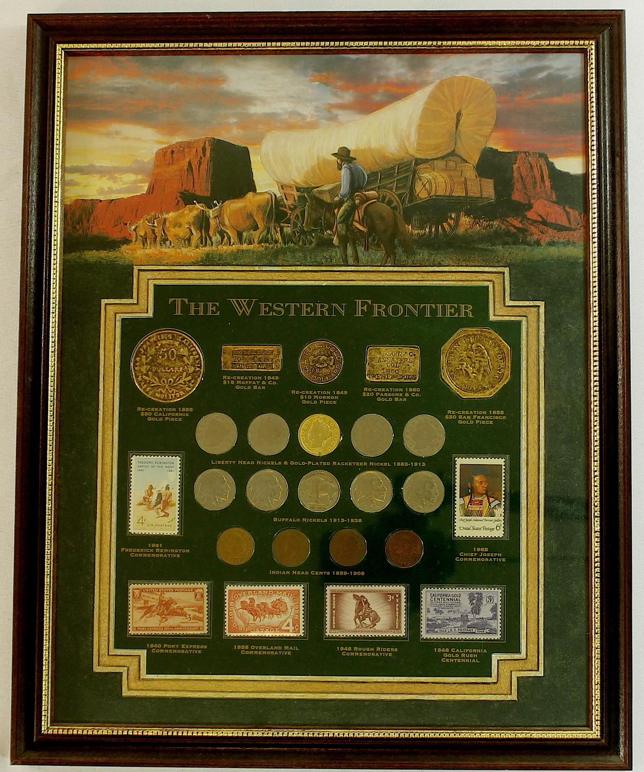 The Western Frontier Coin, Stamp and Re-creation Bar 12x15 Custom Framed Display at PristineAuction.com The Western Frontier Coin, Stamp and Re-creation Bar 12x15 Custom Framed Display at PristineAuction.com
