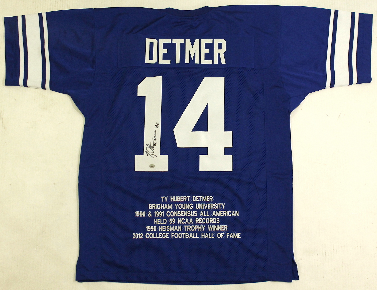 Ty Detmer Signed BYU Career Highlight Stat Jersey Inscribed "Heisman 90" (GTSM COA) at PristineAuction.com Ty Detmer Signed BYU Career Highlight Stat Jersey Inscribed "Heisman 90" (GTSM COA) at PristineAuction.com
