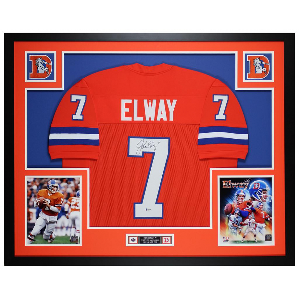 John Elway Signed Broncos Custom Framed Jersey Display (Beckett