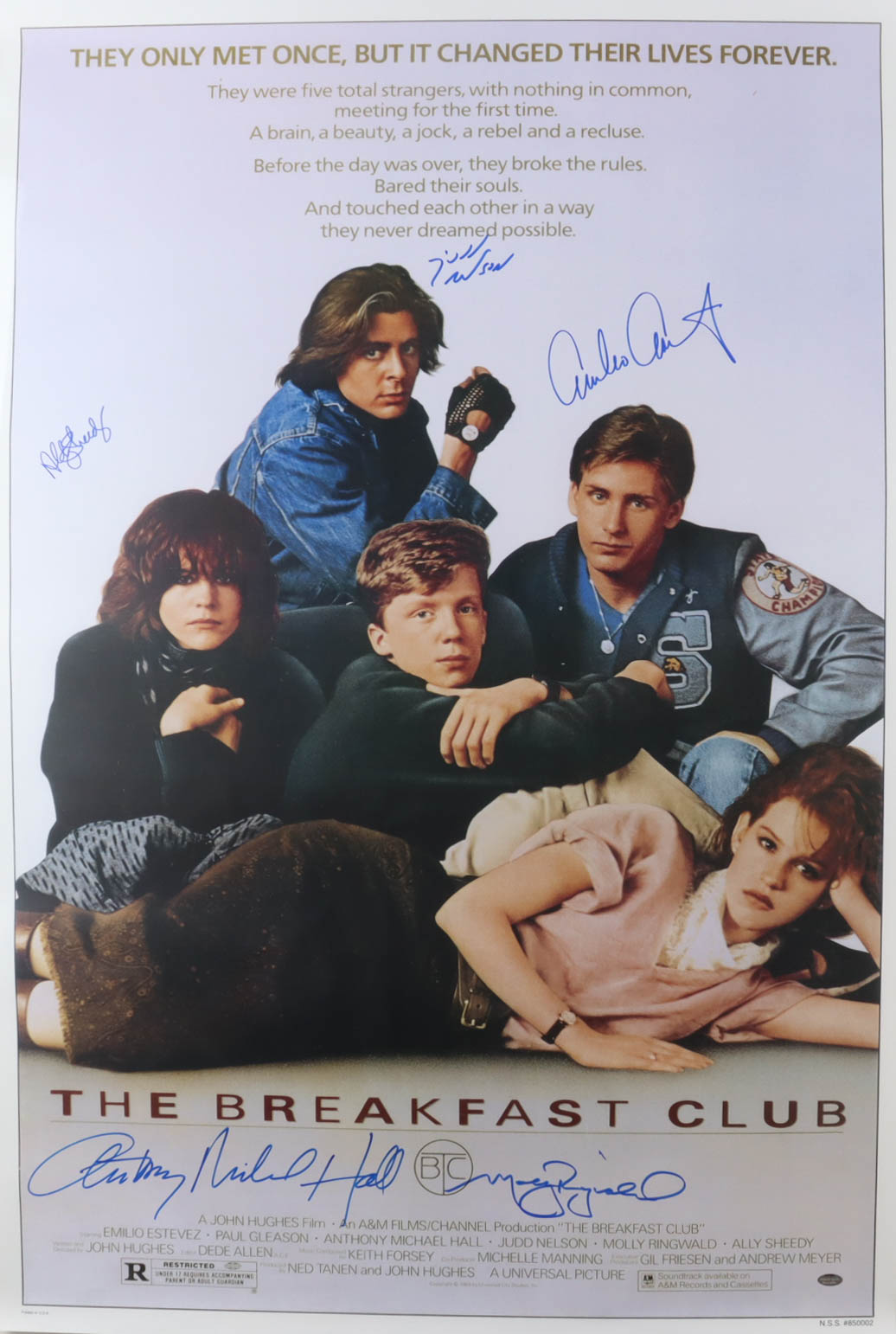 "The Breakfast Club" 27x40 Movie Poster Cast-Signed by (5) With Molly Ringwald, Emilio Estevez, Judd Nelson, Anthony Michael Hall (Schwartz Sports) at PristineAuction.com "The Breakfast Club" 27x40 Movie Poster Cast-Signed by (5) With Molly Ringwald, Emilio Estevez, Judd Nelson, Anthony Michael Hall (Schwartz Sports) at PristineAuction.com