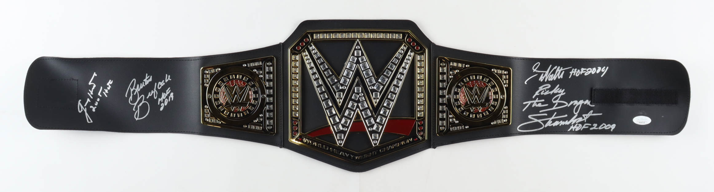 Replica WWE Championship Belt Signed by (4) with Jimmy Hart, Greg Valentine, Brutus Beefcake with Multiple Inscriptions (JSA) at PristineAuction.com Replica WWE Championship Belt Signed by (4) with Jimmy Hart, Greg Valentine, Brutus Beefcake with Multiple Inscriptions (JSA) at PristineAuction.com