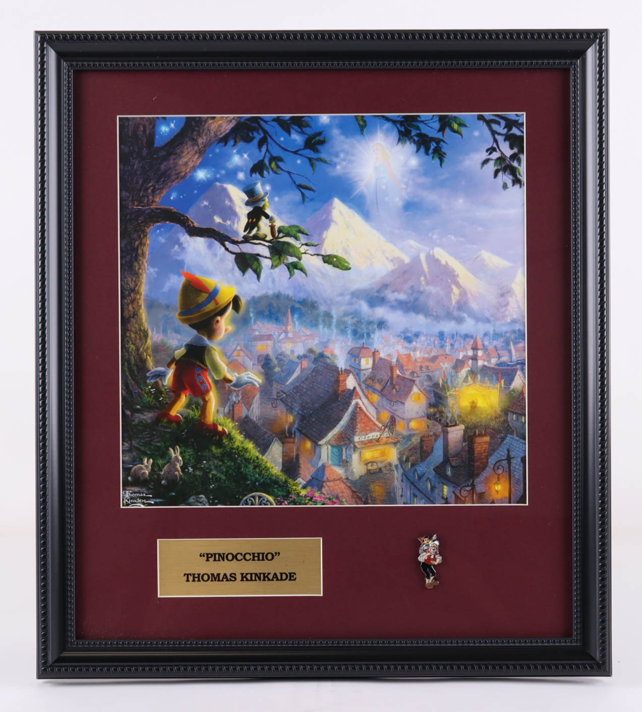 Thomas Kinkade "Pinocchio" Custom Framed Print with Pinocchio & Gappeto Pin at PristineAuction.com Thomas Kinkade "Pinocchio" Custom Framed Print with Pinocchio & Gappeto Pin at PristineAuction.com