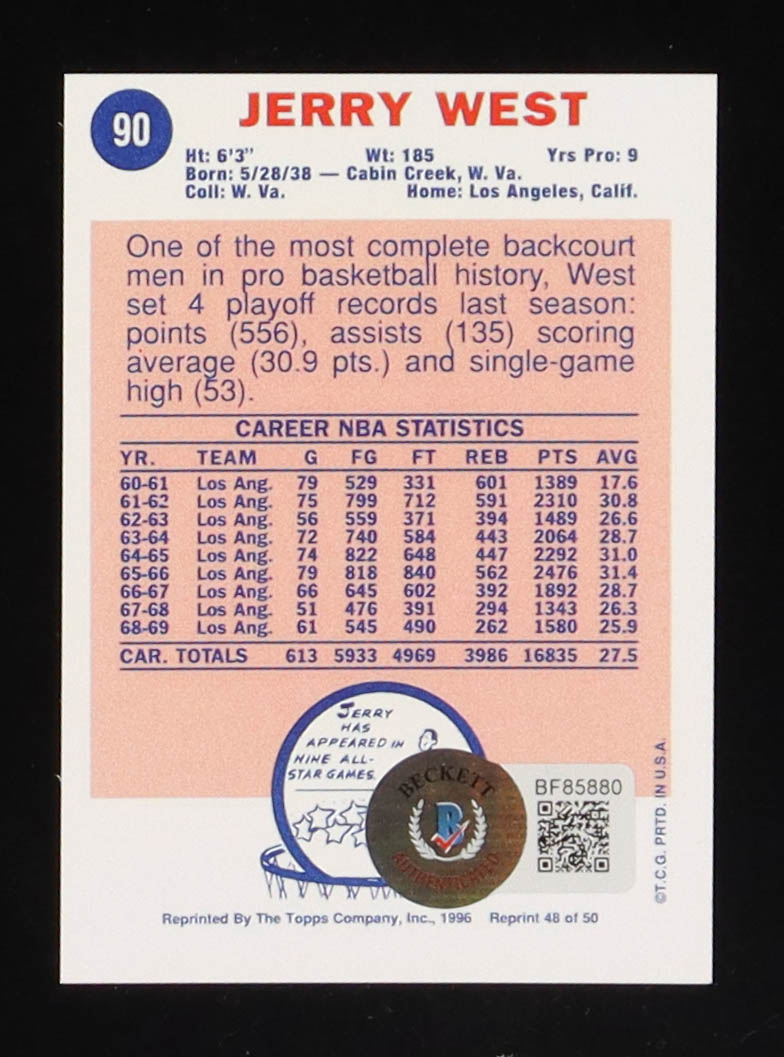 Jerry West Signed 1969-70 Topps #90 Reprint (Beckett) at PristineAuction.com Jerry West Signed 1969-70 Topps #90 Reprint (Beckett) at PristineAuction.com