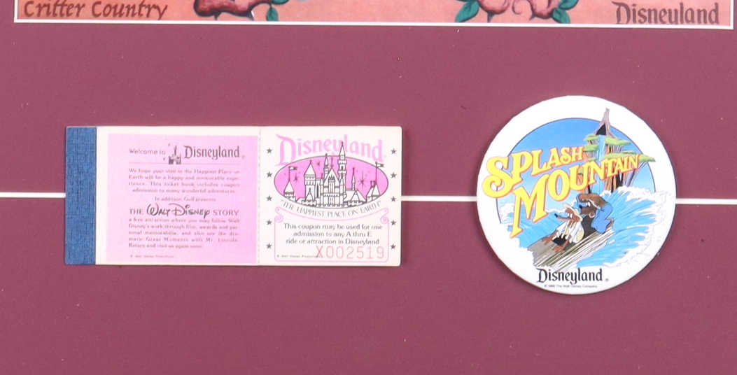 Walt Disneyland Splash Mountain Custom Framed Poster with Vintage Disneyland Ticket Book & Cast Member Ride Pin at PristineAuction.com Walt Disneyland Splash Mountain Custom Framed Poster with Vintage Disneyland Ticket Book & Cast Member Ride Pin at PristineAuction.com