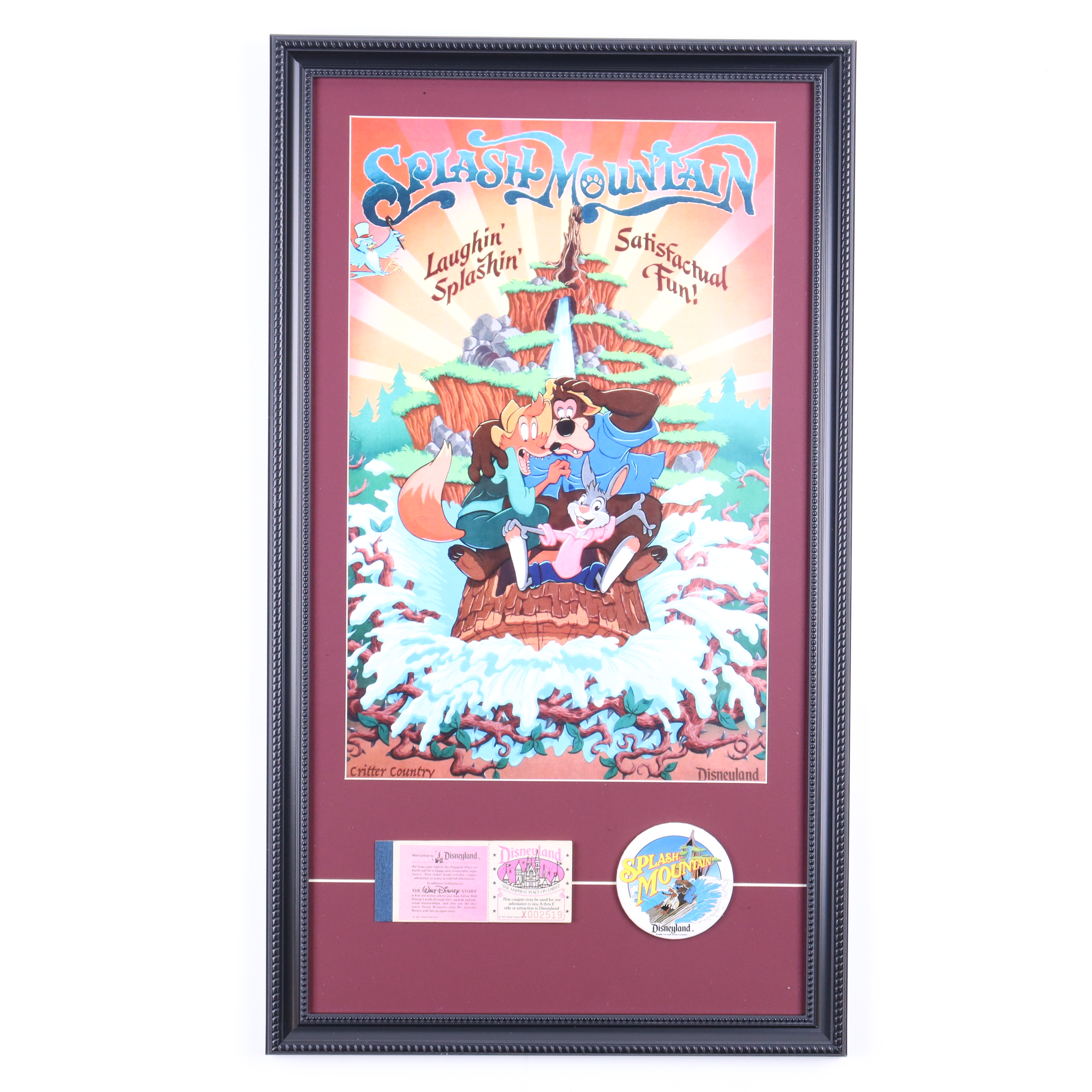 Walt Disneyland Splash Mountain Custom Framed Poster with Vintage Disneyland Ticket Book & Cast Member Ride Pin at PristineAuction.com Walt Disneyland Splash Mountain Custom Framed Poster with Vintage Disneyland Ticket Book & Cast Member Ride Pin at PristineAuction.com