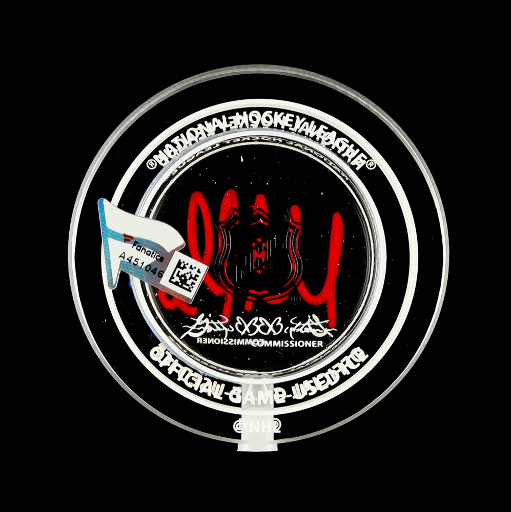 Martin Brodeur Signed 2016 Jersey Retirement Commemorative Crystal Hockey Puck with Game-Used Ice (Fanatics) at PristineAuction.com Martin Brodeur Signed 2016 Jersey Retirement Commemorative Crystal Hockey Puck with Game-Used Ice (Fanatics) at PristineAuction.com