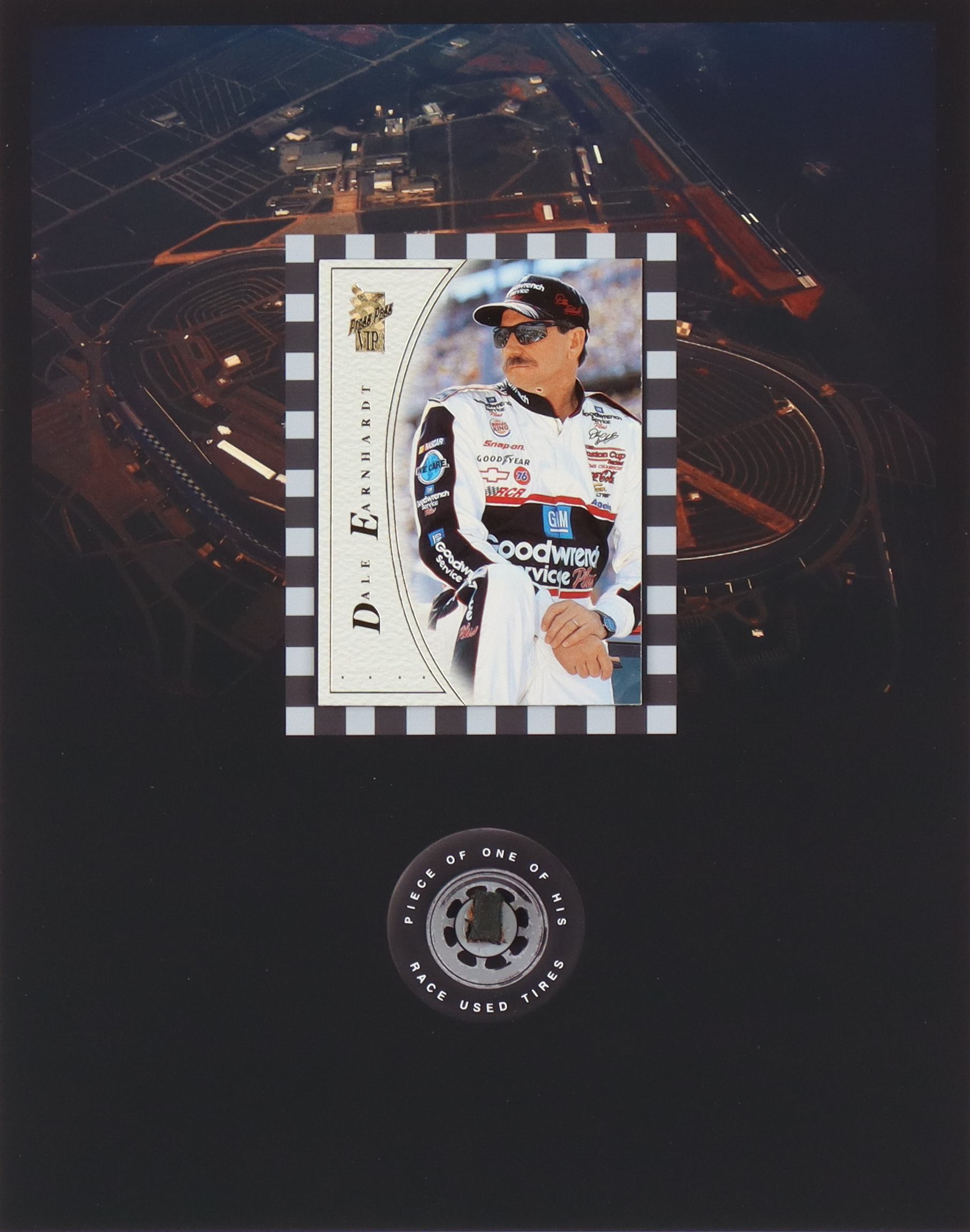 Piece Of A Dale Earnhardt Race Used Tire on 8x10 Photo with Sports Card (The Zone) at PristineAuction.com Piece Of A Dale Earnhardt Race Used Tire on 8x10 Photo with Sports Card (The Zone) at PristineAuction.com