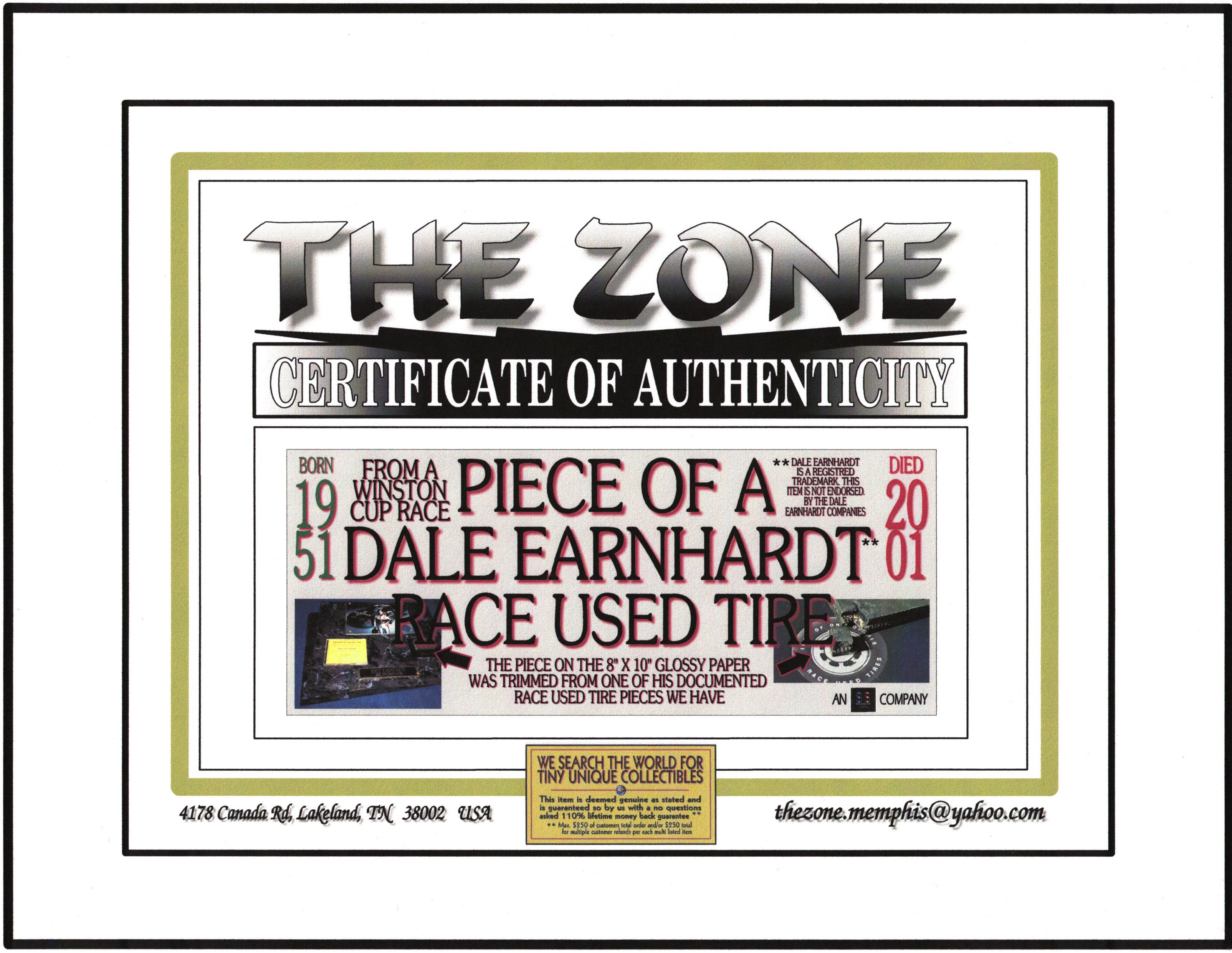 Piece Of A Dale Earnhardt Race Used Tire on 8x10 Photo with Sports Card (The Zone) at PristineAuction.com Piece Of A Dale Earnhardt Race Used Tire on 8x10 Photo with Sports Card (The Zone) at PristineAuction.com