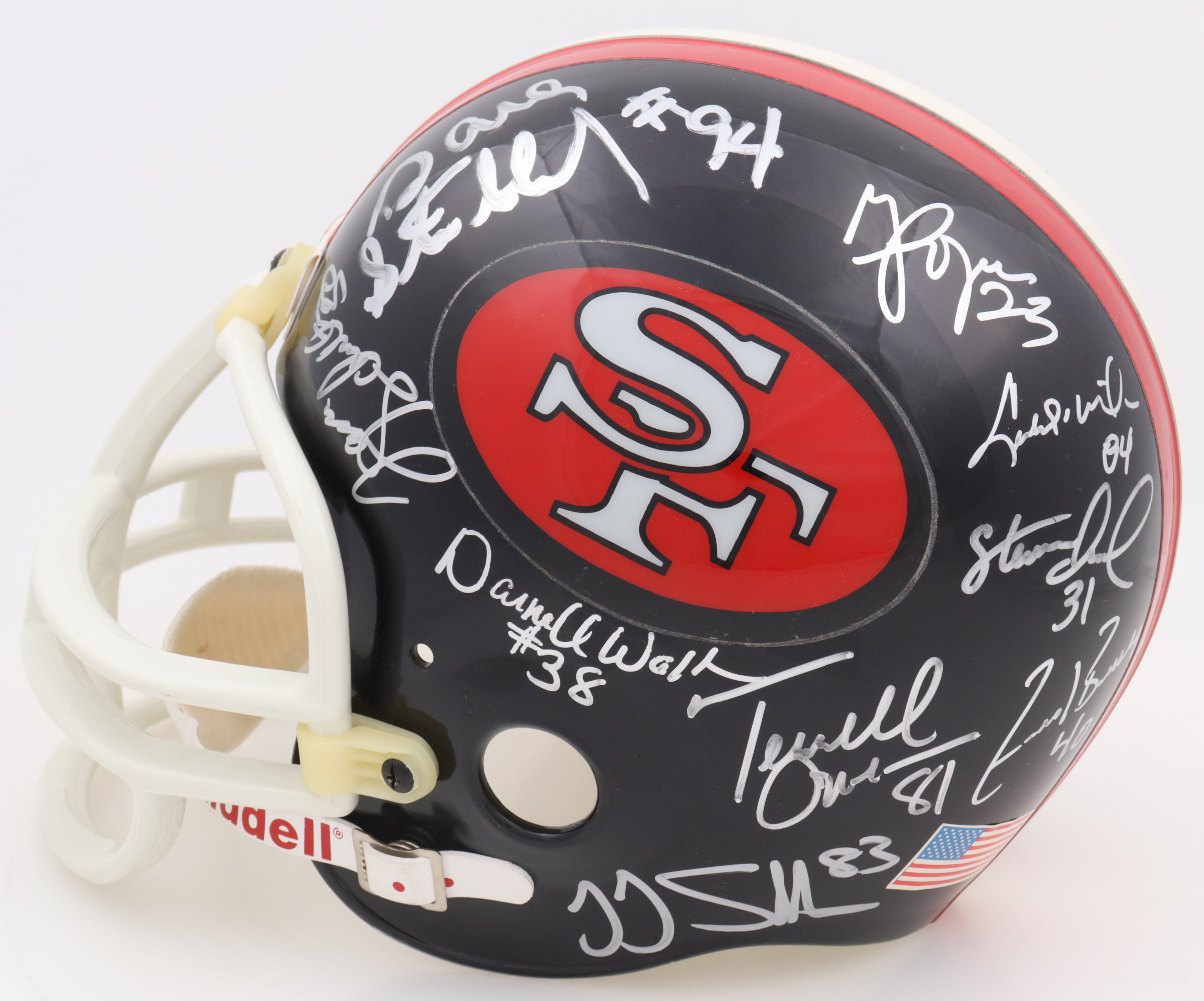 49ers HOFers & Stars Full-Size Matte Black Throwback Helmet Signed by (18) with Jimmy Johnson, Terrell Owens, Jesse Sapolu, Thomas Rathman with Multiple Inscriptions (JSA) at PristineAuction.com 49ers HOFers & Stars Full-Size Matte Black Throwback Helmet Signed by (18) with Jimmy Johnson, Terrell Owens, Jesse Sapolu, Thomas Rathman with Multiple Inscriptions (JSA) at PristineAuction.com
