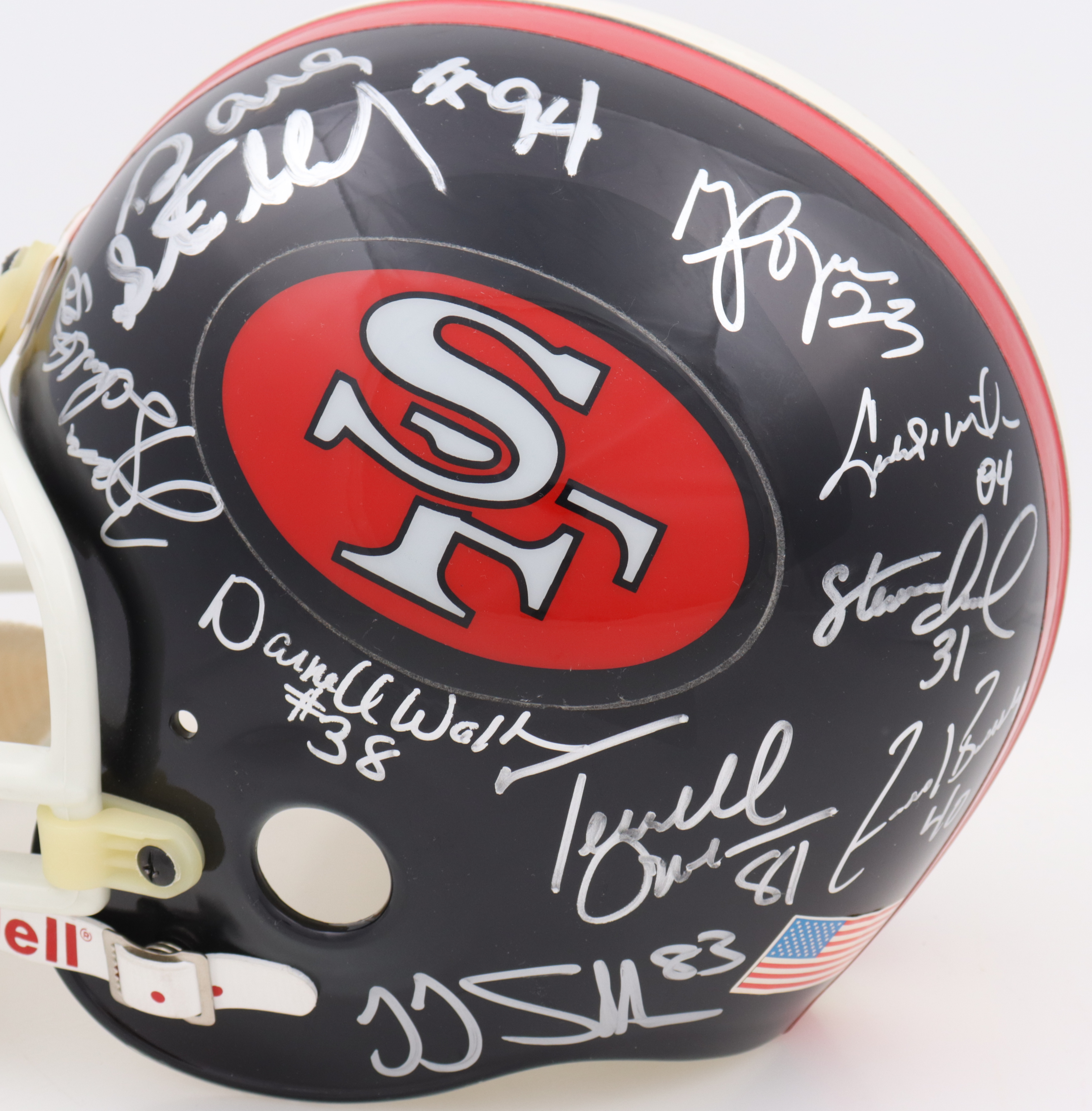 49ers HOFers & Stars Full-Size Matte Black Throwback Helmet Signed by (18) with Jimmy Johnson, Terrell Owens, Jesse Sapolu, Thomas Rathman with Multiple Inscriptions (JSA) at PristineAuction.com 49ers HOFers & Stars Full-Size Matte Black Throwback Helmet Signed by (18) with Jimmy Johnson, Terrell Owens, Jesse Sapolu, Thomas Rathman with Multiple Inscriptions (JSA) at PristineAuction.com