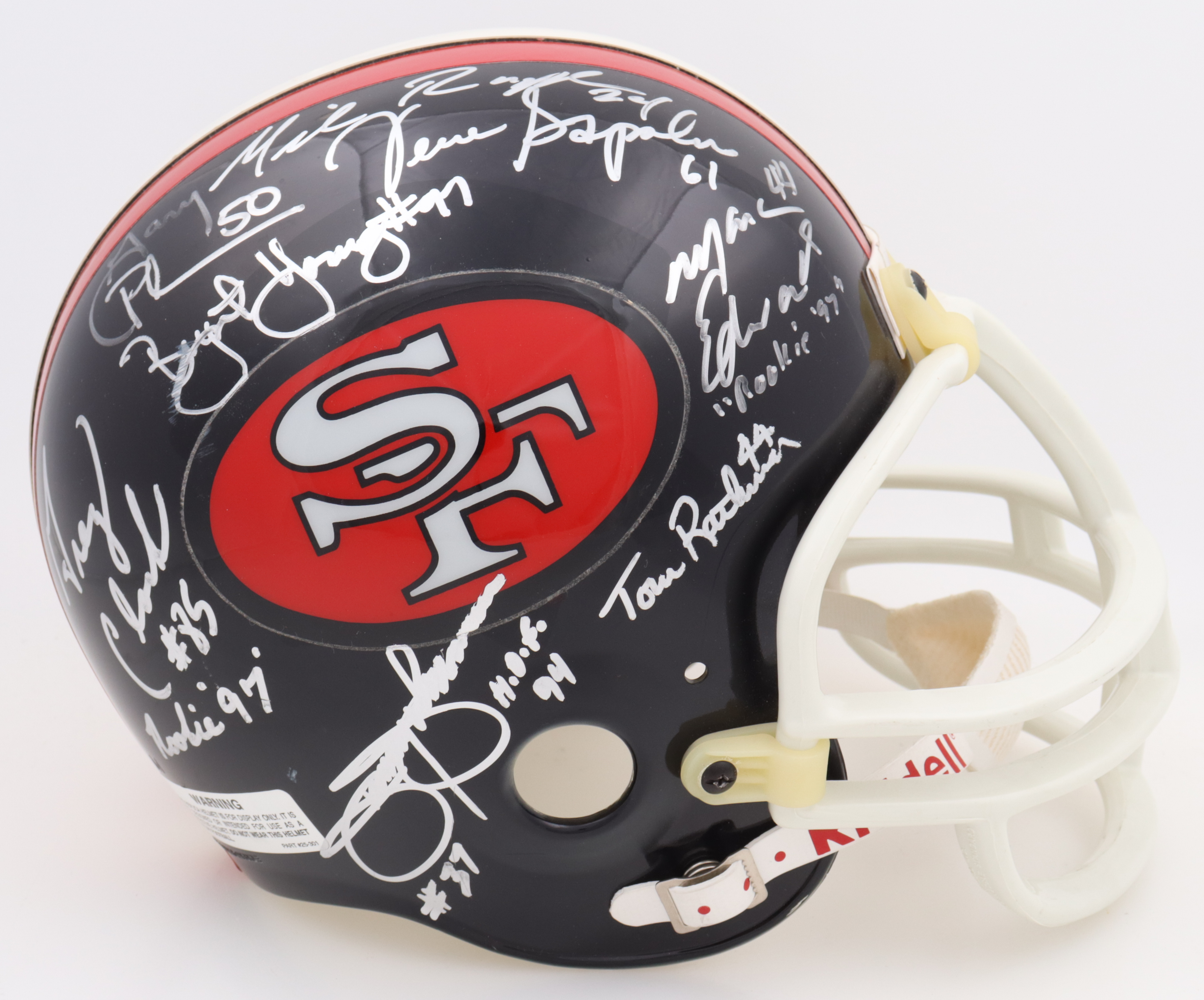 49ers HOFers & Stars Full-Size Matte Black Throwback Helmet Signed by (18) with Jimmy Johnson, Terrell Owens, Jesse Sapolu, Thomas Rathman with Multiple Inscriptions (JSA) at PristineAuction.com 49ers HOFers & Stars Full-Size Matte Black Throwback Helmet Signed by (18) with Jimmy Johnson, Terrell Owens, Jesse Sapolu, Thomas Rathman with Multiple Inscriptions (JSA) at PristineAuction.com