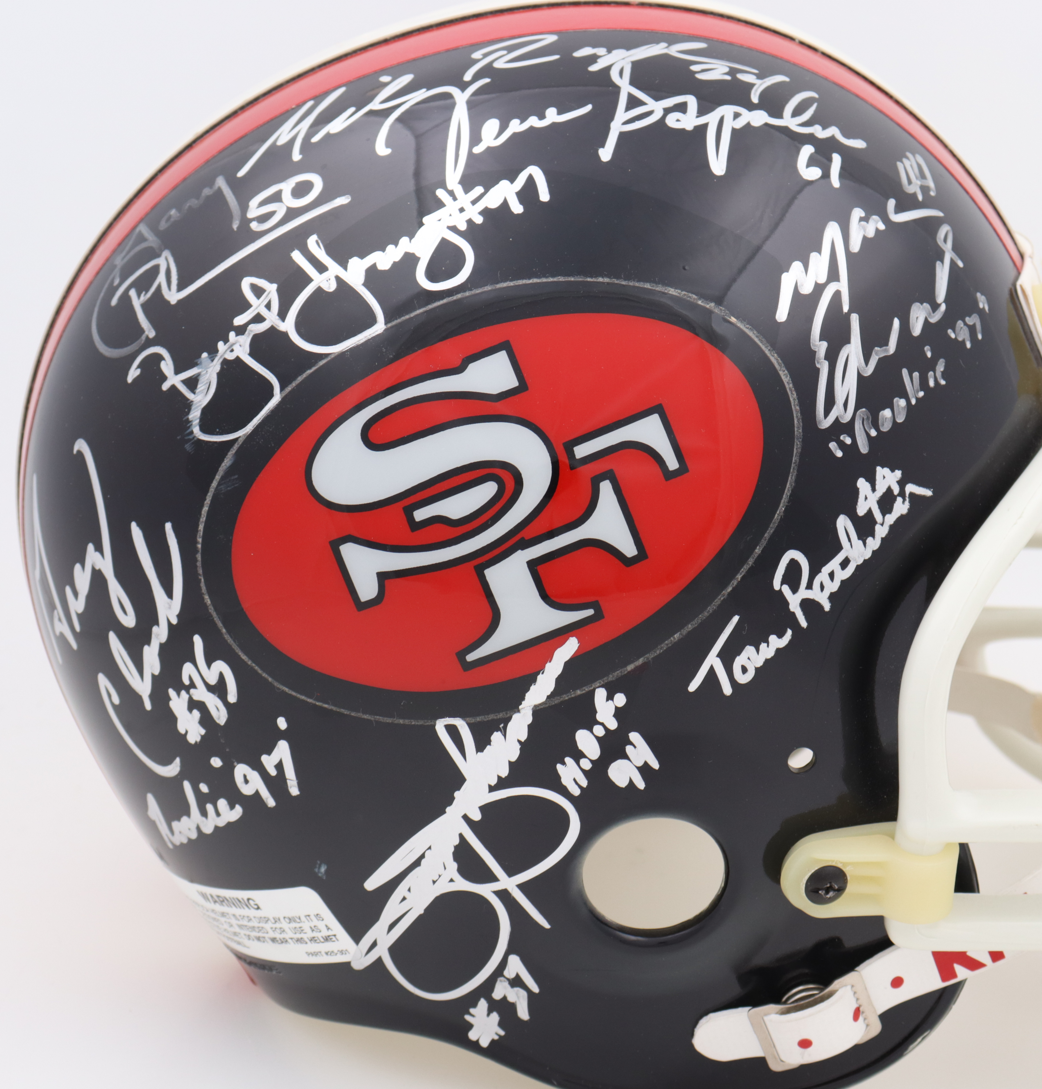 49ers HOFers & Stars Full-Size Matte Black Throwback Helmet Signed by (18) with Jimmy Johnson, Terrell Owens, Jesse Sapolu, Thomas Rathman with Multiple Inscriptions (JSA) at PristineAuction.com 49ers HOFers & Stars Full-Size Matte Black Throwback Helmet Signed by (18) with Jimmy Johnson, Terrell Owens, Jesse Sapolu, Thomas Rathman with Multiple Inscriptions (JSA) at PristineAuction.com