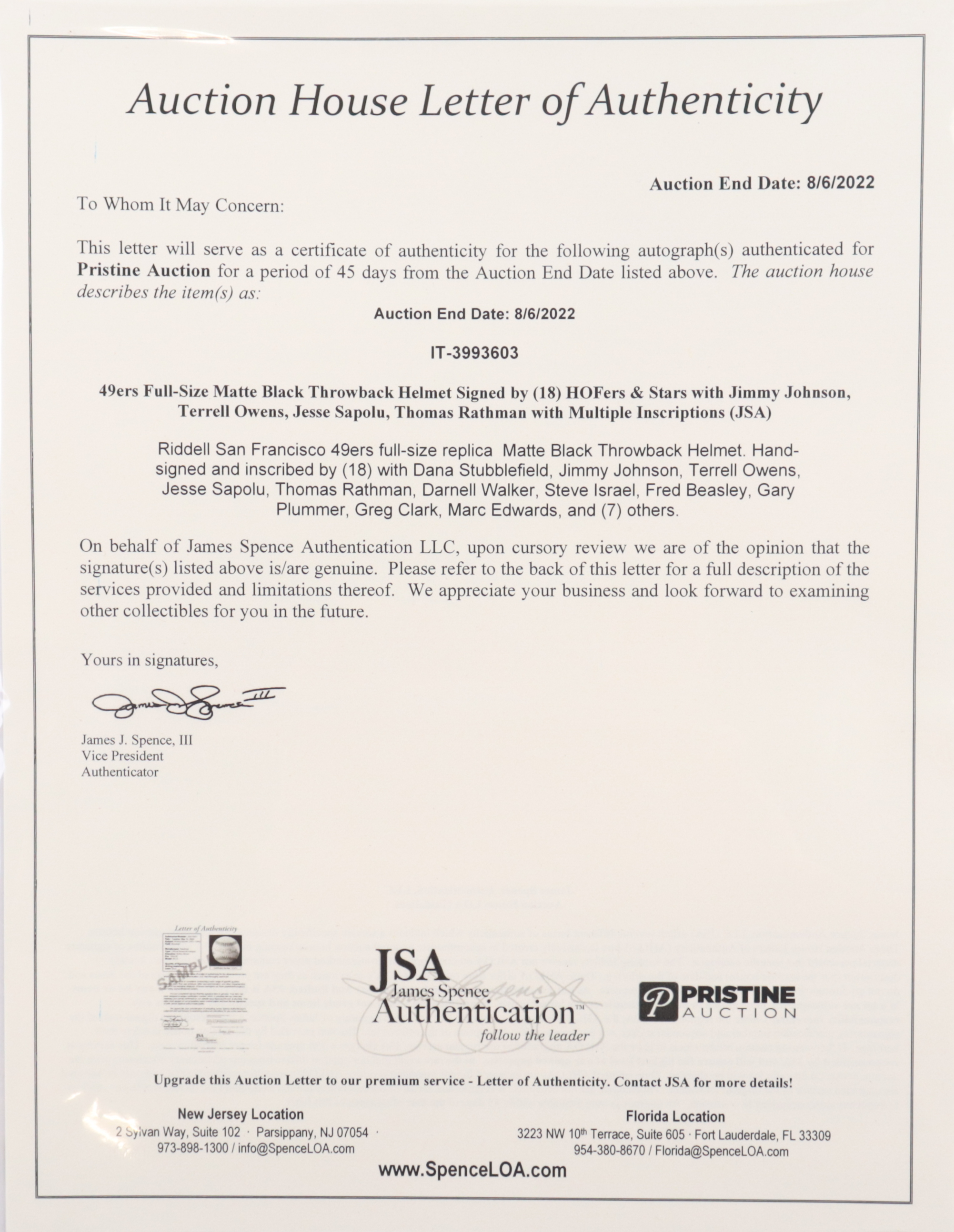49ers HOFers & Stars Full-Size Matte Black Throwback Helmet Signed by (18) with Jimmy Johnson, Terrell Owens, Jesse Sapolu, Thomas Rathman with Multiple Inscriptions (JSA) at PristineAuction.com 49ers HOFers & Stars Full-Size Matte Black Throwback Helmet Signed by (18) with Jimmy Johnson, Terrell Owens, Jesse Sapolu, Thomas Rathman with Multiple Inscriptions (JSA) at PristineAuction.com