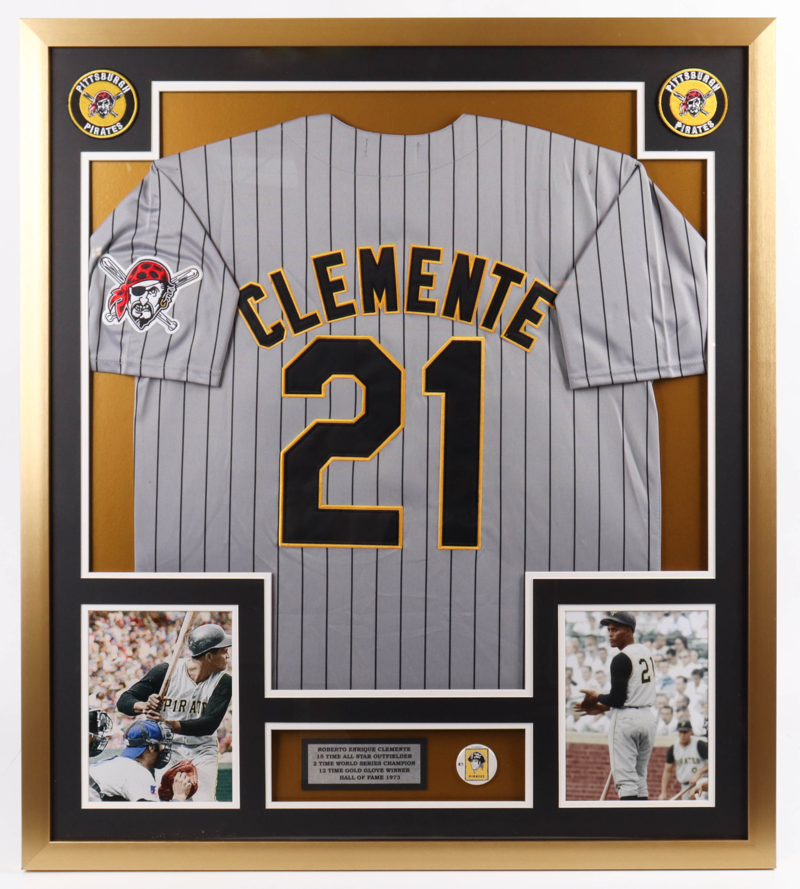 Roberto Clemente Pirates Custom Framed Jersey Display with Pin at PristineAuction.com Roberto Clemente Pirates Custom Framed Jersey Display with Pin at PristineAuction.com