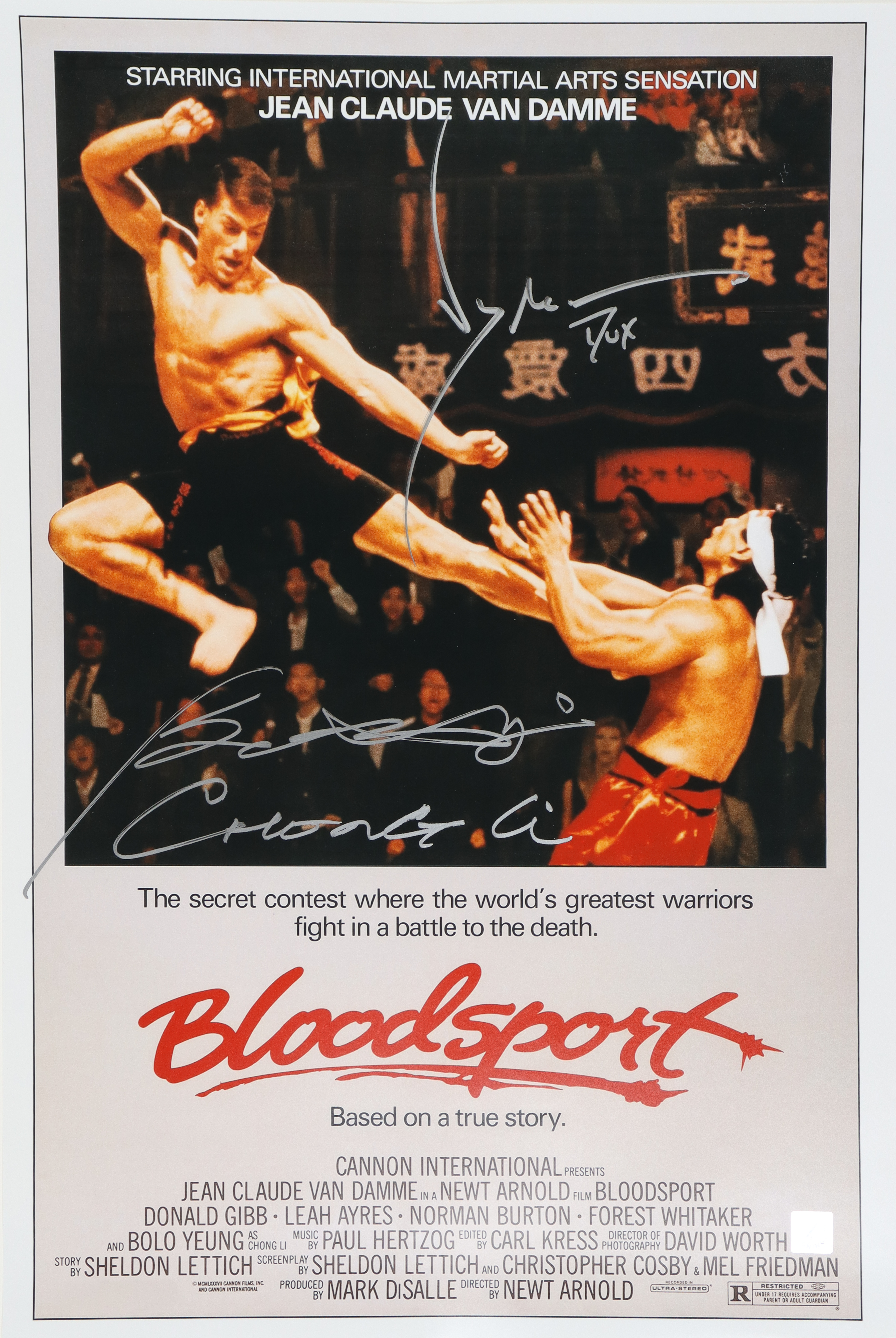 Jean-Claude Van Damme & Bolo Yeung Signed "Bloodsport" 16x24 Poster Inscribed "Dux" & "Chong Li" (AutographCOA) at PristineAuction.com Jean-Claude Van Damme & Bolo Yeung Signed "Bloodsport" 16x24 Poster Inscribed "Dux" & "Chong Li" (AutographCOA) at PristineAuction.com
