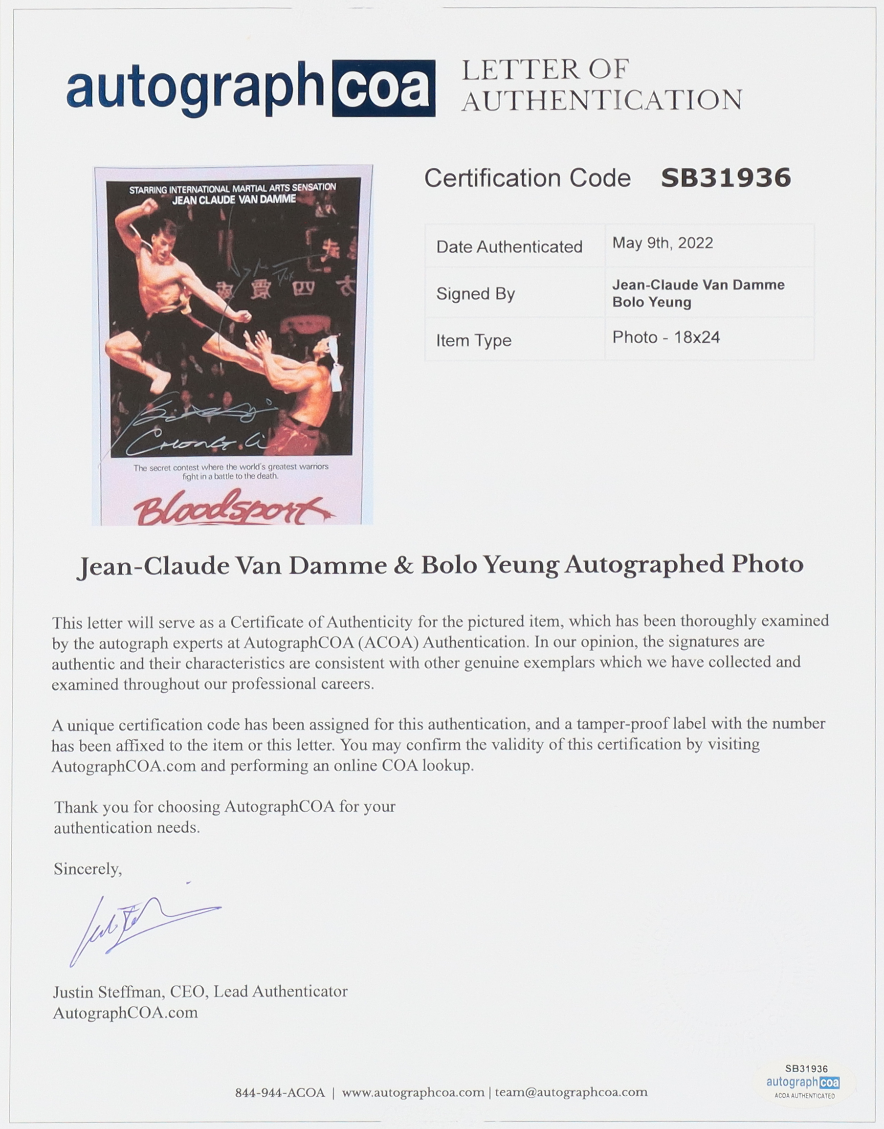 Jean-Claude Van Damme & Bolo Yeung Signed "Bloodsport" 16x24 Poster Inscribed "Dux" & "Chong Li" (AutographCOA) at PristineAuction.com Jean-Claude Van Damme & Bolo Yeung Signed "Bloodsport" 16x24 Poster Inscribed "Dux" & "Chong Li" (AutographCOA) at PristineAuction.com