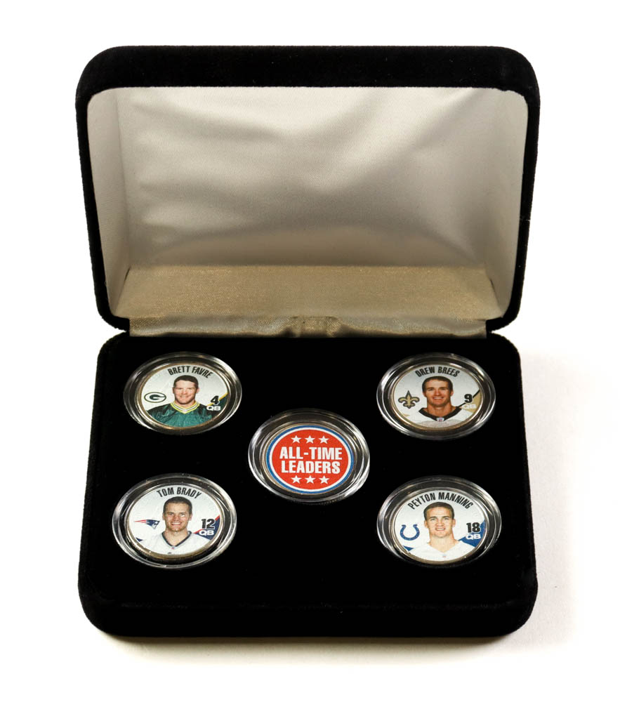 NFL Quarterback Greats Set of (5) Colorized Quarters With Tom Brady, Peyton Manning, Brett Favre & Drew Brees at PristineAuction.com NFL Quarterback Greats Set of (5) Colorized Quarters With Tom Brady, Peyton Manning, Brett Favre & Drew Brees at PristineAuction.com