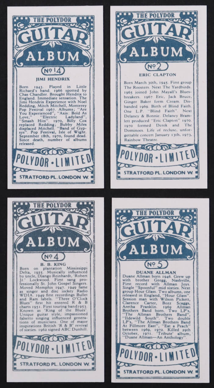 Complete Set of (16) 1976 Polydor "Guitar Legends" Cigarette Cards with Eric Clapton, B.B. King, Pete Townsend, Jimi Hendrix, Gregg Allman at PristineAuction.com Complete Set of (16) 1976 Polydor "Guitar Legends" Cigarette Cards with Eric Clapton, B.B. King, Pete Townsend, Jimi Hendrix, Gregg Allman at PristineAuction.com
