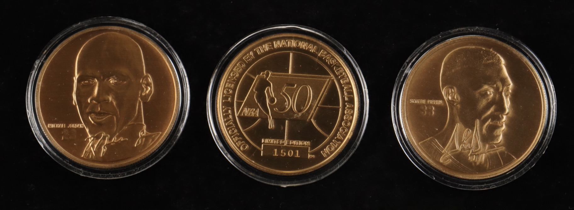 Michael Jordan Set of (3) LE Bulls Commemorative Bronze Coins with Original Packaging at PristineAuction.com Michael Jordan Set of (3) LE Bulls Commemorative Bronze Coins with Original Packaging at PristineAuction.com