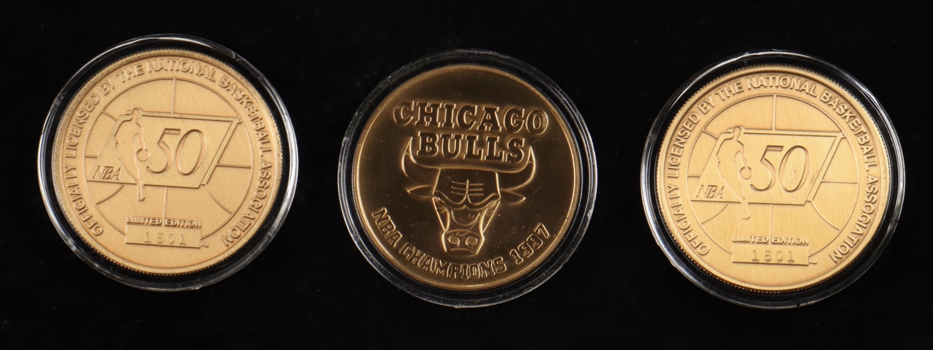 Michael Jordan Set of (3) LE Bulls Commemorative Bronze Coins with Original Packaging at PristineAuction.com Michael Jordan Set of (3) LE Bulls Commemorative Bronze Coins with Original Packaging at PristineAuction.com