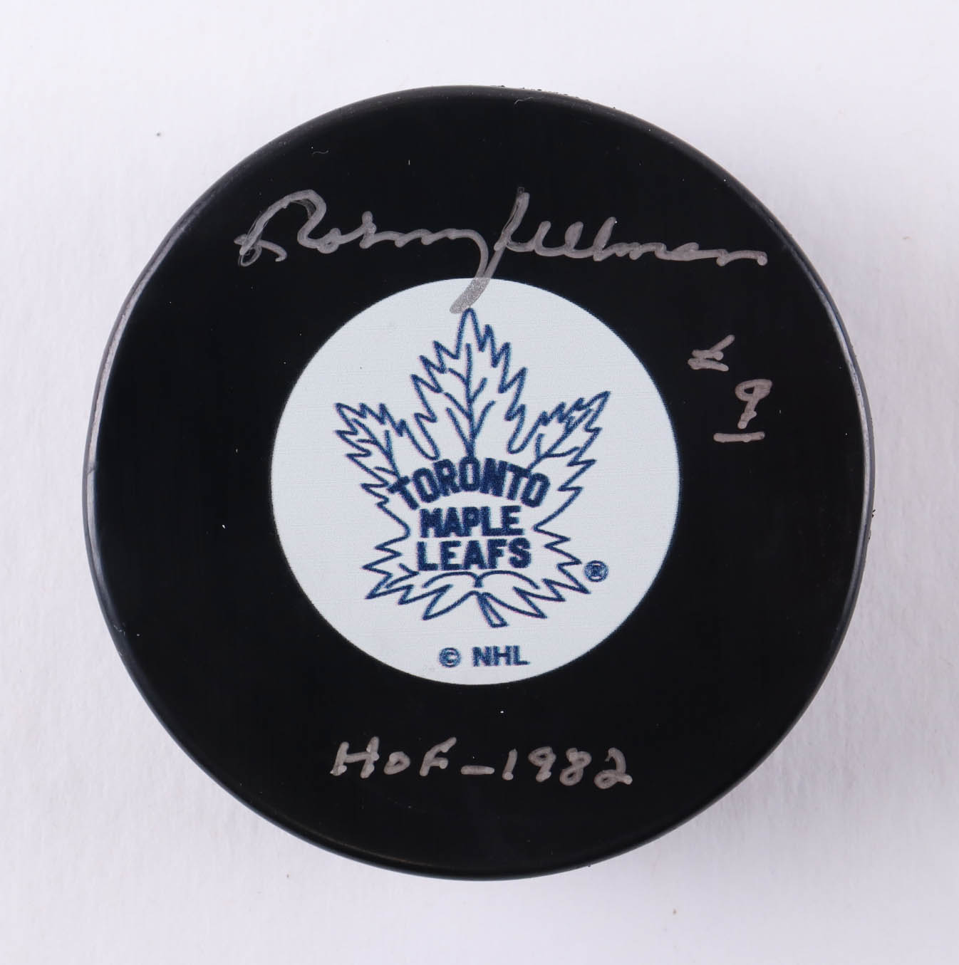 Norm Ullman Signed Maple Leafs Logo Hockey Puck Inscribed "HOF-1982" (COJO) at PristineAuction.com Norm Ullman Signed Maple Leafs Logo Hockey Puck Inscribed "HOF-1982" (COJO) at PristineAuction.com