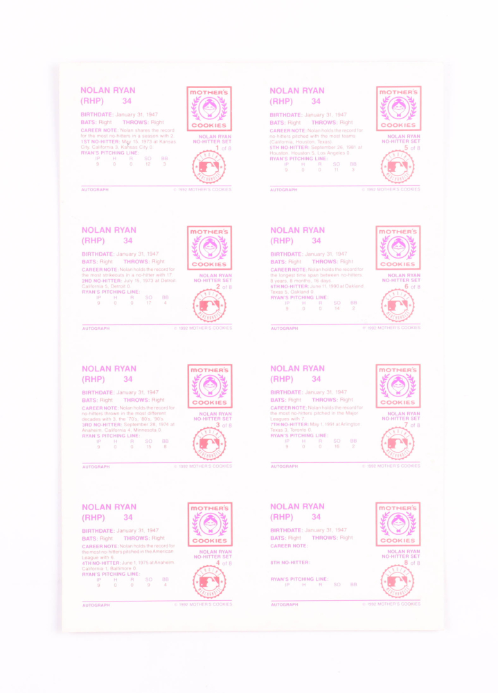 Nolan Ryan Signed 1992 Mother s Cookies Nolan Ryan Sheet Of 8 Uncut 