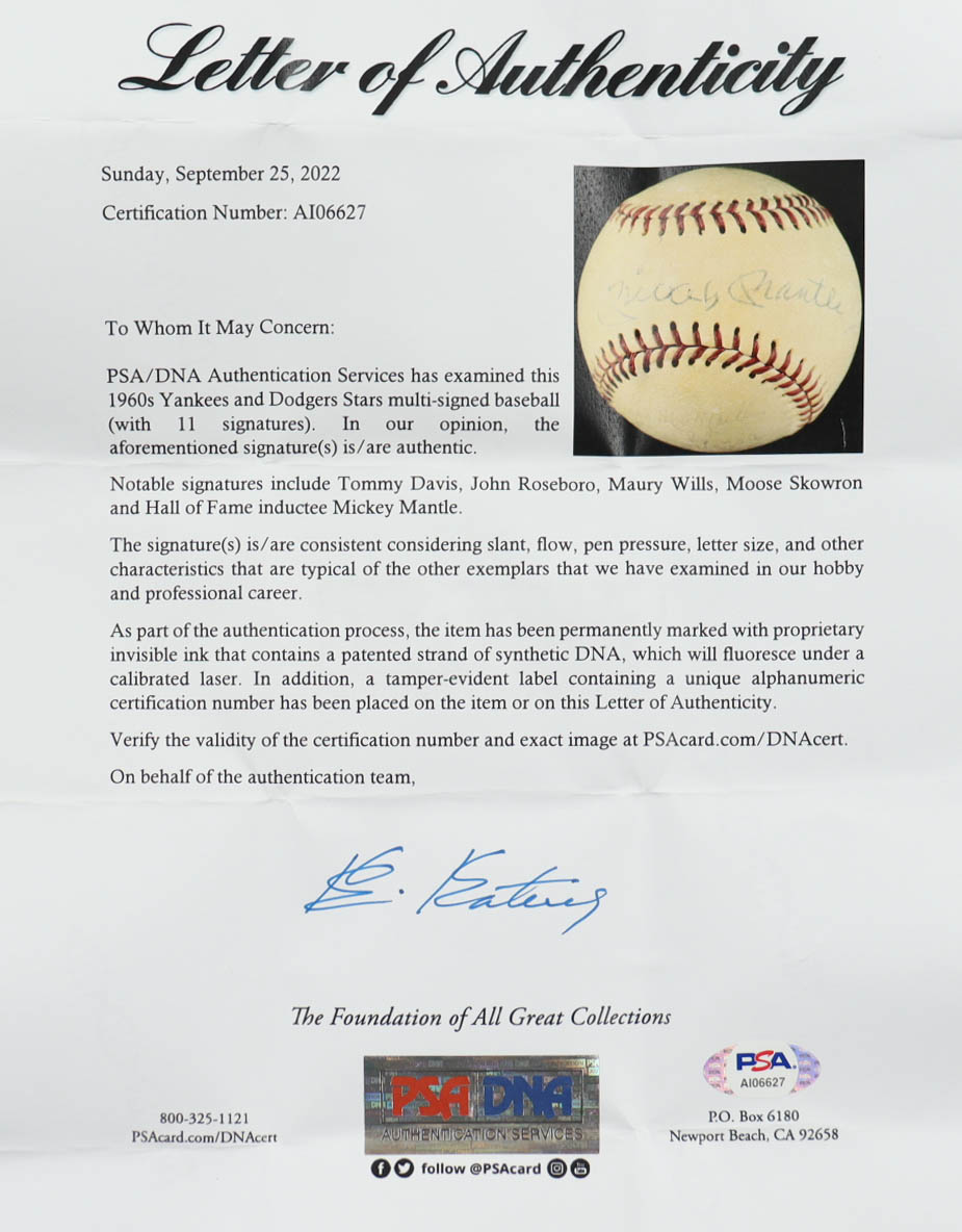1960s Yankees & Dodgers Star Baseball Signed by (11) with Mickey Mantle, Tommy Davis, John Roseboro, Moose Skowron with Display Case & Wood Base (PSA) at PristineAuction.com 1960s Yankees & Dodgers Star Baseball Signed by (11) with Mickey Mantle, Tommy Davis, John Roseboro, Moose Skowron with Display Case & Wood Base (PSA) at PristineAuction.com