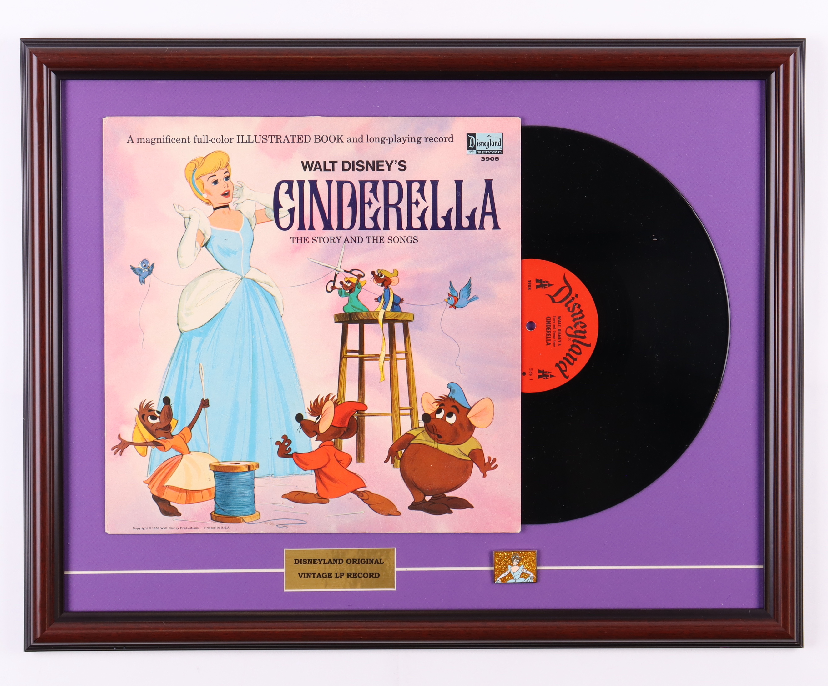 Walt Disney's "Cinderella" Custom Framed 1969 Vinyl LP Record with Cinderella Movie Pin Display at PristineAuction.com Walt Disney's "Cinderella" Custom Framed 1969 Vinyl LP Record with Cinderella Movie Pin Display at PristineAuction.com