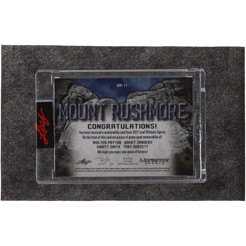 Walter Payton / Barry Sanders / Emmitt Smith / Tony Dorsett 2021 Leaf Ultimate Sport Mount Rushmore Quad Memorabilia #MR11 #18/30 at PristineAuction.com Walter Payton / Barry Sanders / Emmitt Smith / Tony Dorsett 2021 Leaf Ultimate Sport Mount Rushmore Quad Memorabilia #MR11 #18/30 at PristineAuction.com