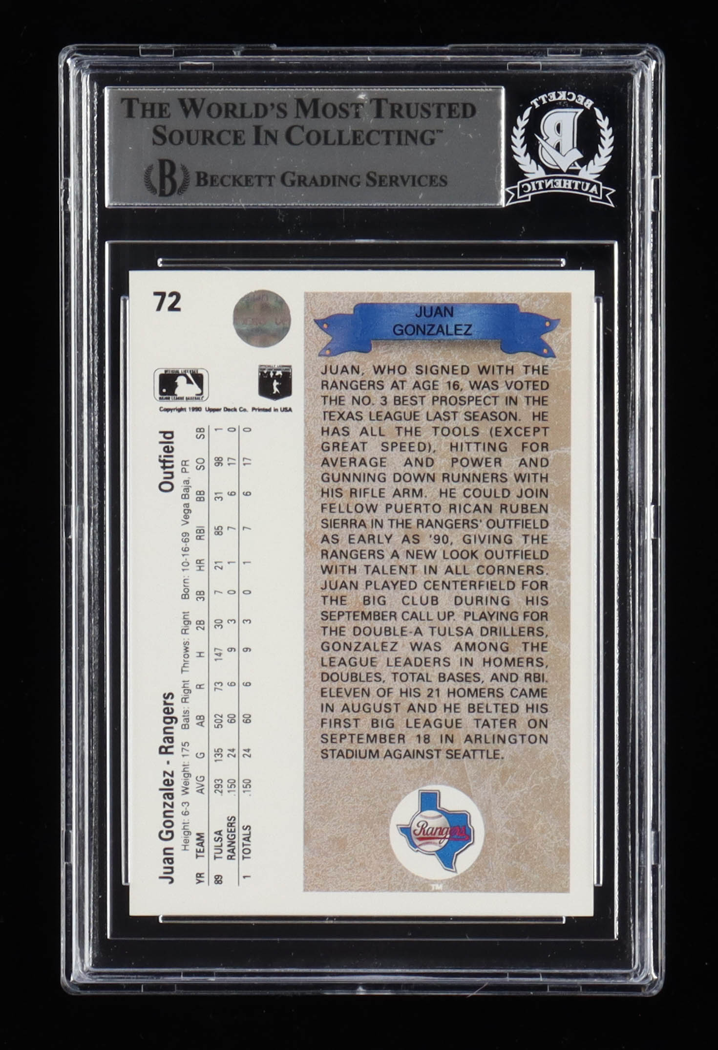 Juan Gonzalez Signed 1990 Upper Deck #72 RC Inscribed "96' 98 AL MVP" (BGS) at PristineAuction.com Juan Gonzalez Signed 1990 Upper Deck #72 RC Inscribed "96' 98 AL MVP" (BGS) at PristineAuction.com