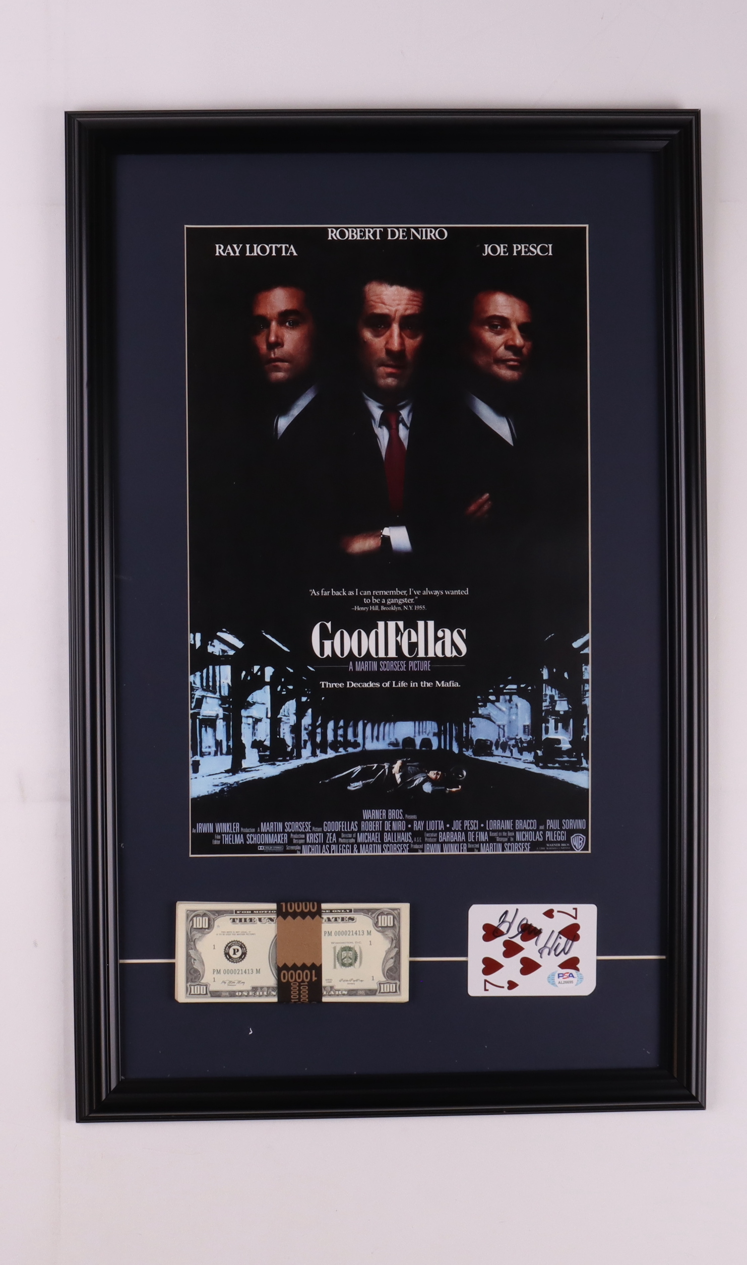 Henry Hill Signed "Goodfellas" Custom Framed Playing Card Display with Poster Print & Movie Prop Cash Stack (PSA) at PristineAuction.com Henry Hill Signed "Goodfellas" Custom Framed Playing Card Display with Poster Print & Movie Prop Cash Stack (PSA) at PristineAuction.com