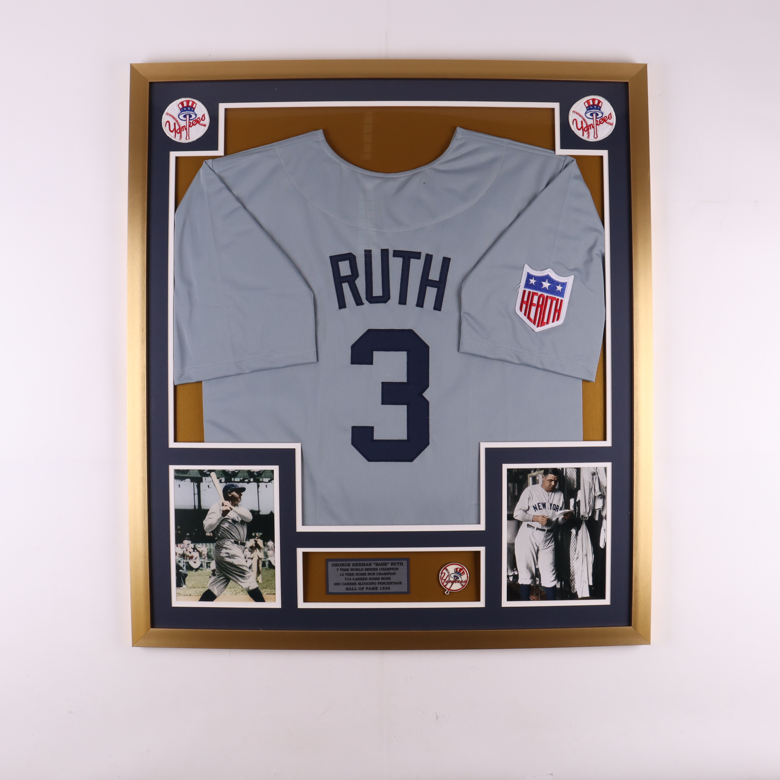 Babe Ruth Yankees Custom Framed Jersey Display with Pin at PristineAuction.com Babe Ruth Yankees Custom Framed Jersey Display with Pin at PristineAuction.com