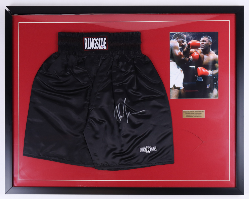 Mike Tyson Signed Custom Framed Ringside Boxing Trunks (PSA) (See Description) at PristineAuction.com Mike Tyson Signed Custom Framed Ringside Boxing Trunks (PSA) (See Description) at PristineAuction.com