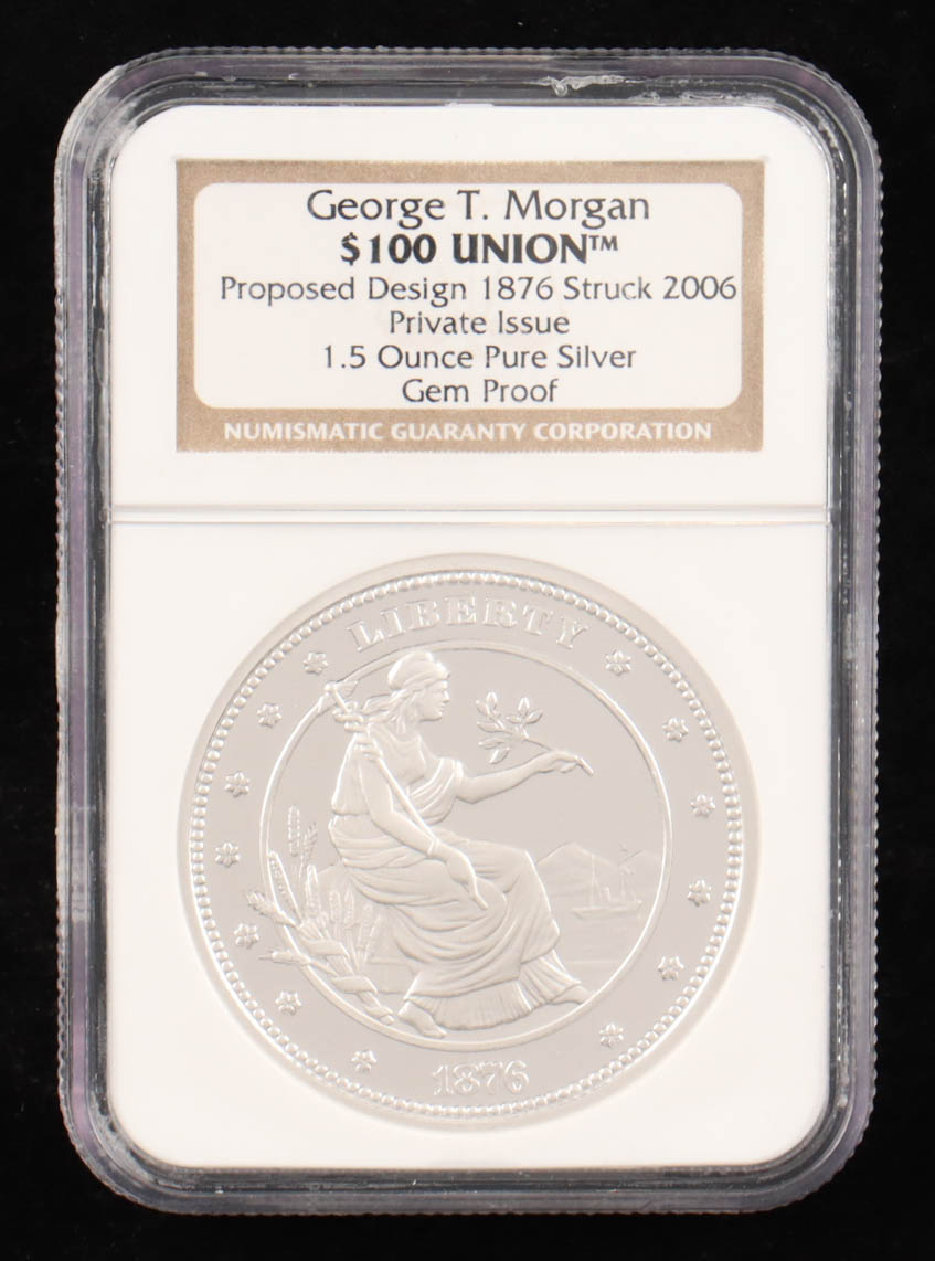 2006 Private Issue George T. Morgan Union 1876 Design $100 One Hundred Dollar Silver Coin (NGC Gem Proof) at PristineAuction.com 2006 Private Issue George T. Morgan Union 1876 Design $100 One Hundred Dollar Silver Coin (NGC Gem Proof) at PristineAuction.com