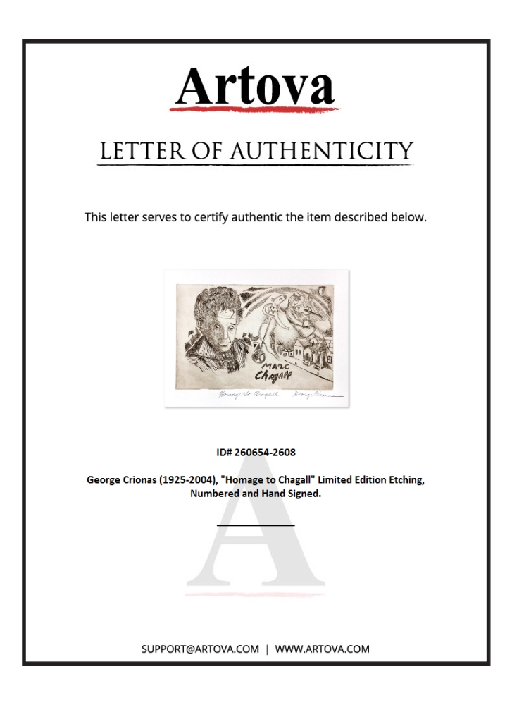 "Homage to Chagall" LE 14x11 Etching on Paper by George Crionas (Artova) at PristineAuction.com "Homage to Chagall" LE 14x11 Etching on Paper by George Crionas (Artova) at PristineAuction.com