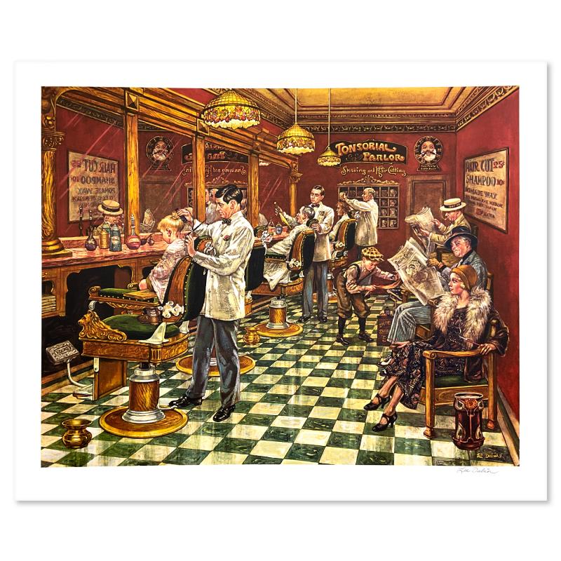 "Tonsorial Parlor" LE 34x28 Lithograph by Lee Dubin (Artova) at PristineAuction.com "Tonsorial Parlor" LE 34x28 Lithograph by Lee Dubin (Artova) at PristineAuction.com