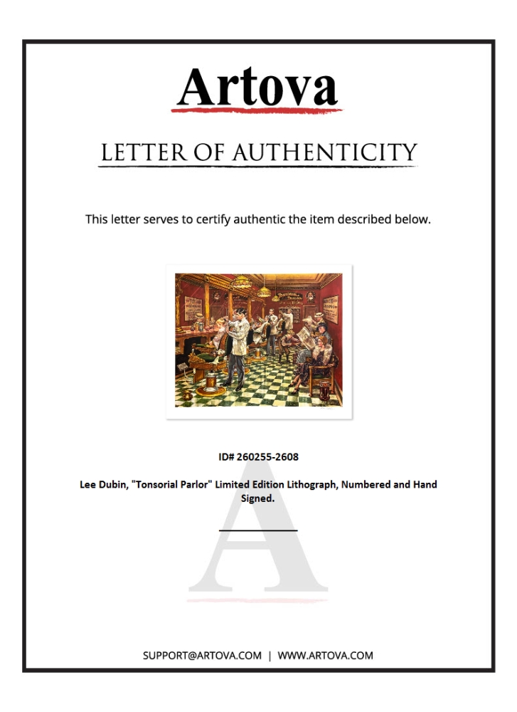 "Tonsorial Parlor" LE 34x28 Lithograph by Lee Dubin (Artova) at PristineAuction.com "Tonsorial Parlor" LE 34x28 Lithograph by Lee Dubin (Artova) at PristineAuction.com