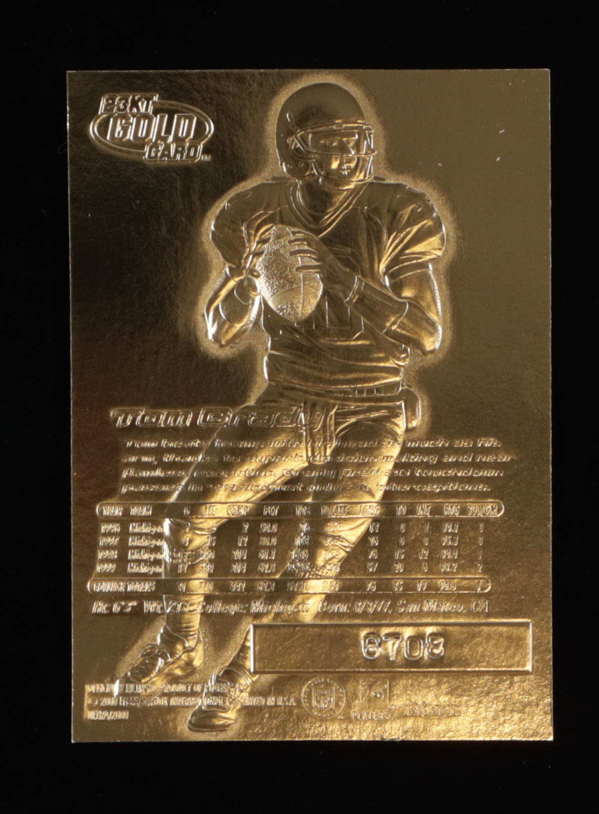 Tom Brady 2000 Fleer Ultra 23KT Gold Blue Metallic Signature Series RC #6708 at PristineAuction.com Tom Brady 2000 Fleer Ultra 23KT Gold Blue Metallic Signature Series RC #6708 at PristineAuction.com