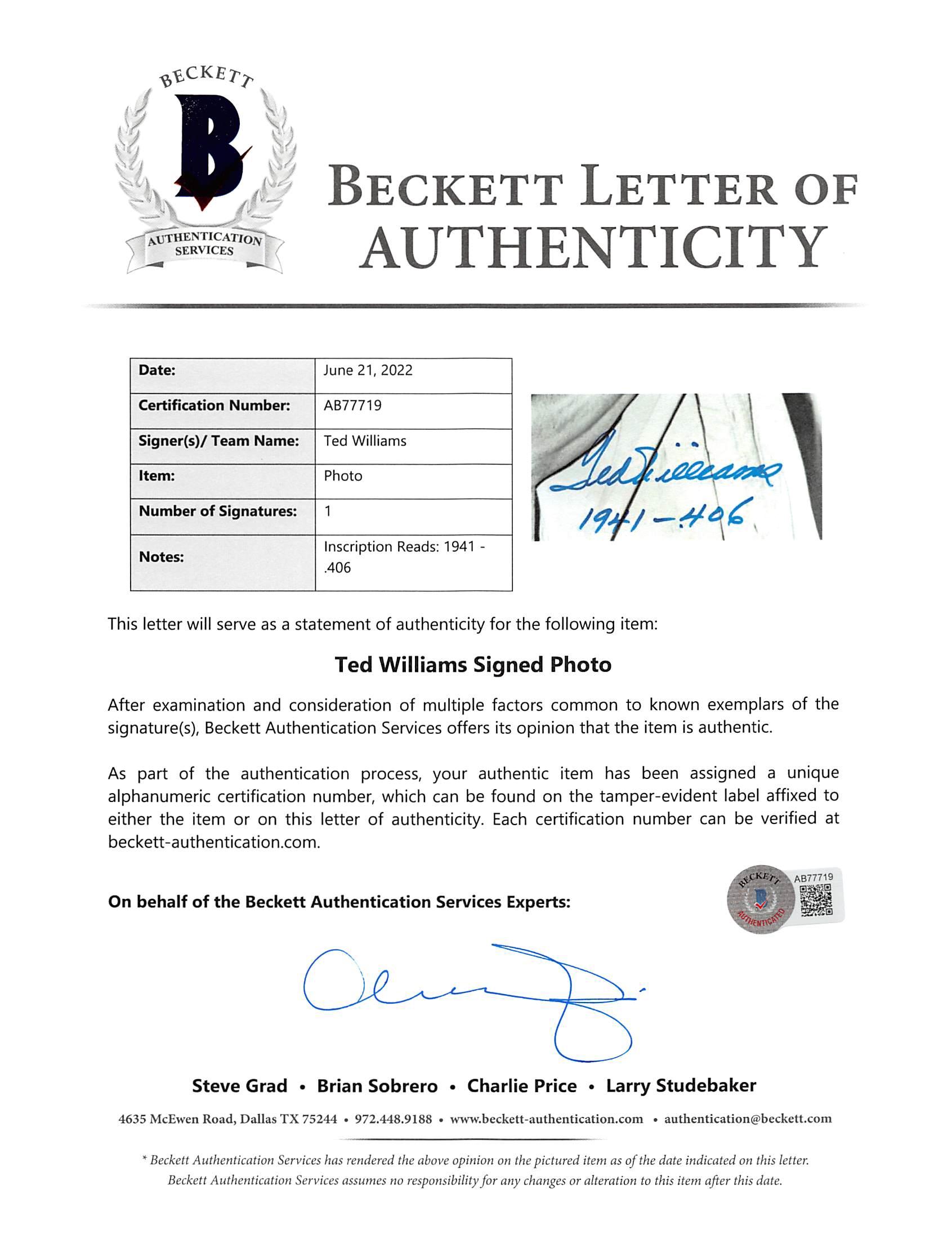 Ted Williams Signed 11x14 Photo Inscribed "1941 - .406" (Beckett) at PristineAuction.com Ted Williams Signed 11x14 Photo Inscribed "1941 - .406" (Beckett) at PristineAuction.com