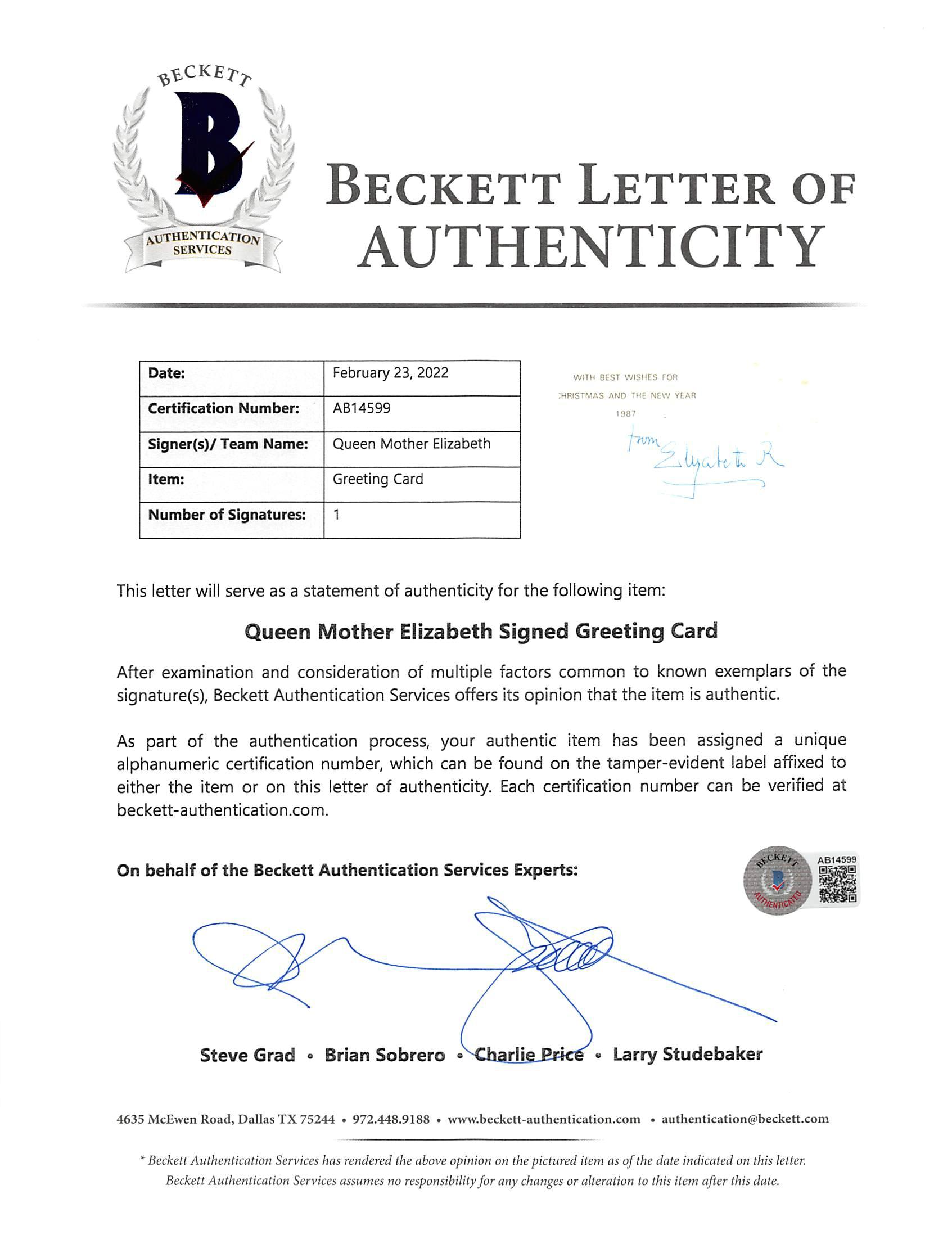 Queen Elizabeth The Queen Mother Signed 8.5x14.75 Greeting Card (Beckett) at PristineAuction.com Queen Elizabeth The Queen Mother Signed 8.5x14.75 Greeting Card (Beckett) at PristineAuction.com