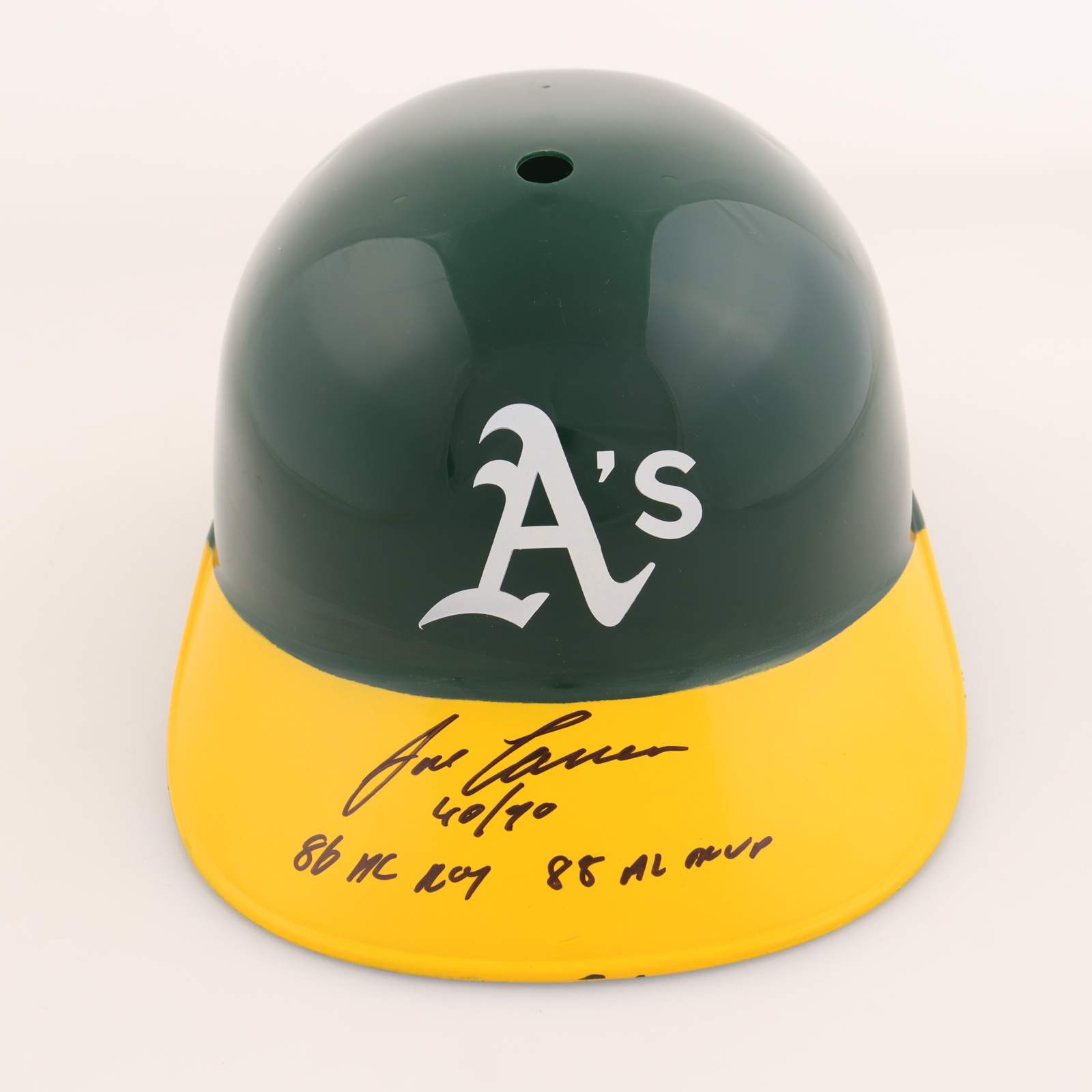 Jose Canseco Signed Athletics Full-Size Batting Helmet Inscribed "40/40" & "86 AL ROY" & "88 AL MVP" (PSA) at PristineAuction.com Jose Canseco Signed Athletics Full-Size Batting Helmet Inscribed "40/40" & "86 AL ROY" & "88 AL MVP" (PSA) at PristineAuction.com