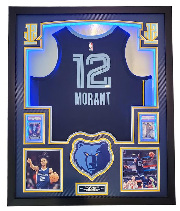Ja Morant Signed Grizzlies 33x42 Custom Framed Jersey Display with LED Backlit Display with 2019 Panini Prizm Fireworks #28 & 2019 Panini Mosaic #274 (Panini) at PristineAuction.com Ja Morant Signed Grizzlies 33x42 Custom Framed Jersey Display with LED Backlit Display with 2019 Panini Prizm Fireworks #28 & 2019 Panini Mosaic #274 (Panini) at PristineAuction.com