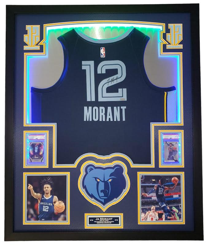 Ja Morant Signed Grizzlies 33x42 Custom Framed Jersey Display with LED Backlit Display with 2019 Panini Prizm Fireworks #28 & 2019 Panini Mosaic #274 (Panini) at PristineAuction.com Ja Morant Signed Grizzlies 33x42 Custom Framed Jersey Display with LED Backlit Display with 2019 Panini Prizm Fireworks #28 & 2019 Panini Mosaic #274 (Panini) at PristineAuction.com