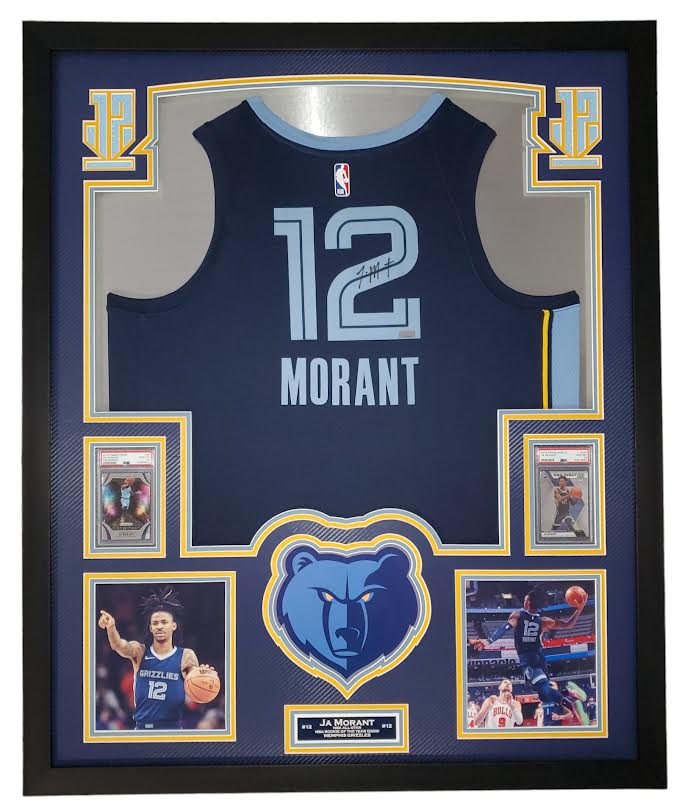Ja Morant Signed Grizzlies 33x42 Custom Framed Jersey Display with LED Backlit Display with 2019 Panini Prizm Fireworks #28 & 2019 Panini Mosaic #274 (Panini) at PristineAuction.com Ja Morant Signed Grizzlies 33x42 Custom Framed Jersey Display with LED Backlit Display with 2019 Panini Prizm Fireworks #28 & 2019 Panini Mosaic #274 (Panini) at PristineAuction.com
