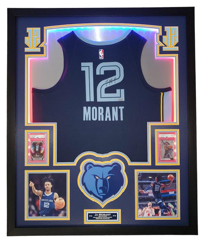 Ja Morant Signed Grizzlies 33x42 Custom Framed Jersey Display with LED Backlit Display with 2019 Panini Prizm Fireworks #28 & 2019 Panini Mosaic #274 (Panini) at PristineAuction.com Ja Morant Signed Grizzlies 33x42 Custom Framed Jersey Display with LED Backlit Display with 2019 Panini Prizm Fireworks #28 & 2019 Panini Mosaic #274 (Panini) at PristineAuction.com