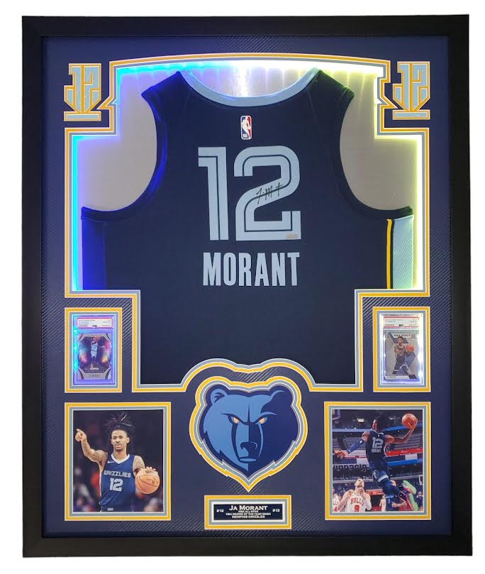 Ja Morant Signed Grizzlies 33x42 Custom Framed Jersey Display with LED Backlit Display with 2019 Panini Prizm Fireworks #28 & 2019 Panini Mosaic #274 (Panini) at PristineAuction.com Ja Morant Signed Grizzlies 33x42 Custom Framed Jersey Display with LED Backlit Display with 2019 Panini Prizm Fireworks #28 & 2019 Panini Mosaic #274 (Panini) at PristineAuction.com
