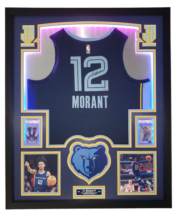 Ja Morant Signed Grizzlies 33x42 Custom Framed Jersey Display with LED Backlit Display with 2019 Panini Prizm Fireworks #28 & 2019 Panini Mosaic #274 (Panini) at PristineAuction.com Ja Morant Signed Grizzlies 33x42 Custom Framed Jersey Display with LED Backlit Display with 2019 Panini Prizm Fireworks #28 & 2019 Panini Mosaic #274 (Panini) at PristineAuction.com