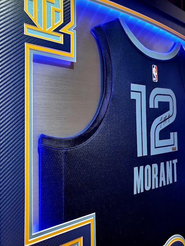 Ja Morant Signed Grizzlies 33x42 Custom Framed Jersey Display with LED Backlit Display with 2019 Panini Prizm Fireworks #28 & 2019 Panini Mosaic #274 (Panini) at PristineAuction.com Ja Morant Signed Grizzlies 33x42 Custom Framed Jersey Display with LED Backlit Display with 2019 Panini Prizm Fireworks #28 & 2019 Panini Mosaic #274 (Panini) at PristineAuction.com