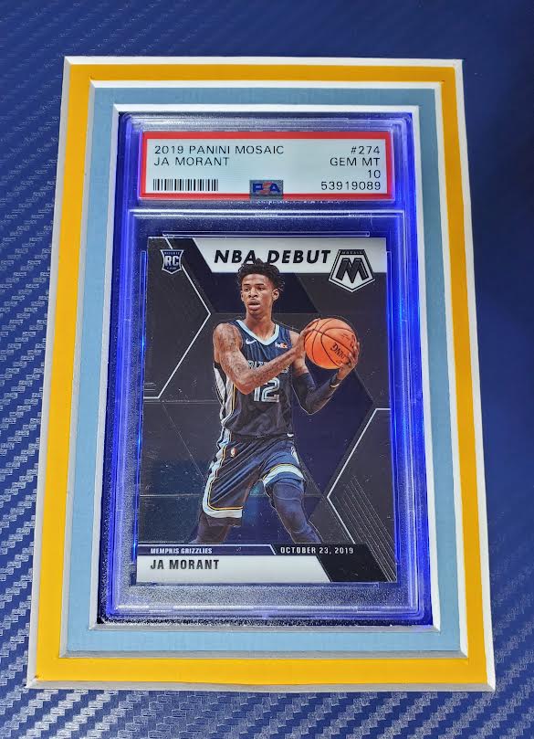 Ja Morant Signed Grizzlies 33x42 Custom Framed Jersey Display with LED Backlit Display with 2019 Panini Prizm Fireworks #28 & 2019 Panini Mosaic #274 (Panini) at PristineAuction.com Ja Morant Signed Grizzlies 33x42 Custom Framed Jersey Display with LED Backlit Display with 2019 Panini Prizm Fireworks #28 & 2019 Panini Mosaic #274 (Panini) at PristineAuction.com