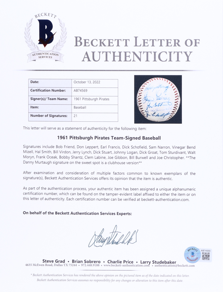 ONL Baseball Team-Signed by (21) of the 1961 Pittsburgh Pirates with Bob Friend, Don Leppert, Earl Francis, Dick Schofield (Beckett) at PristineAuction.com ONL Baseball Team-Signed by (21) of the 1961 Pittsburgh Pirates with Bob Friend, Don Leppert, Earl Francis, Dick Schofield (Beckett) at PristineAuction.com
